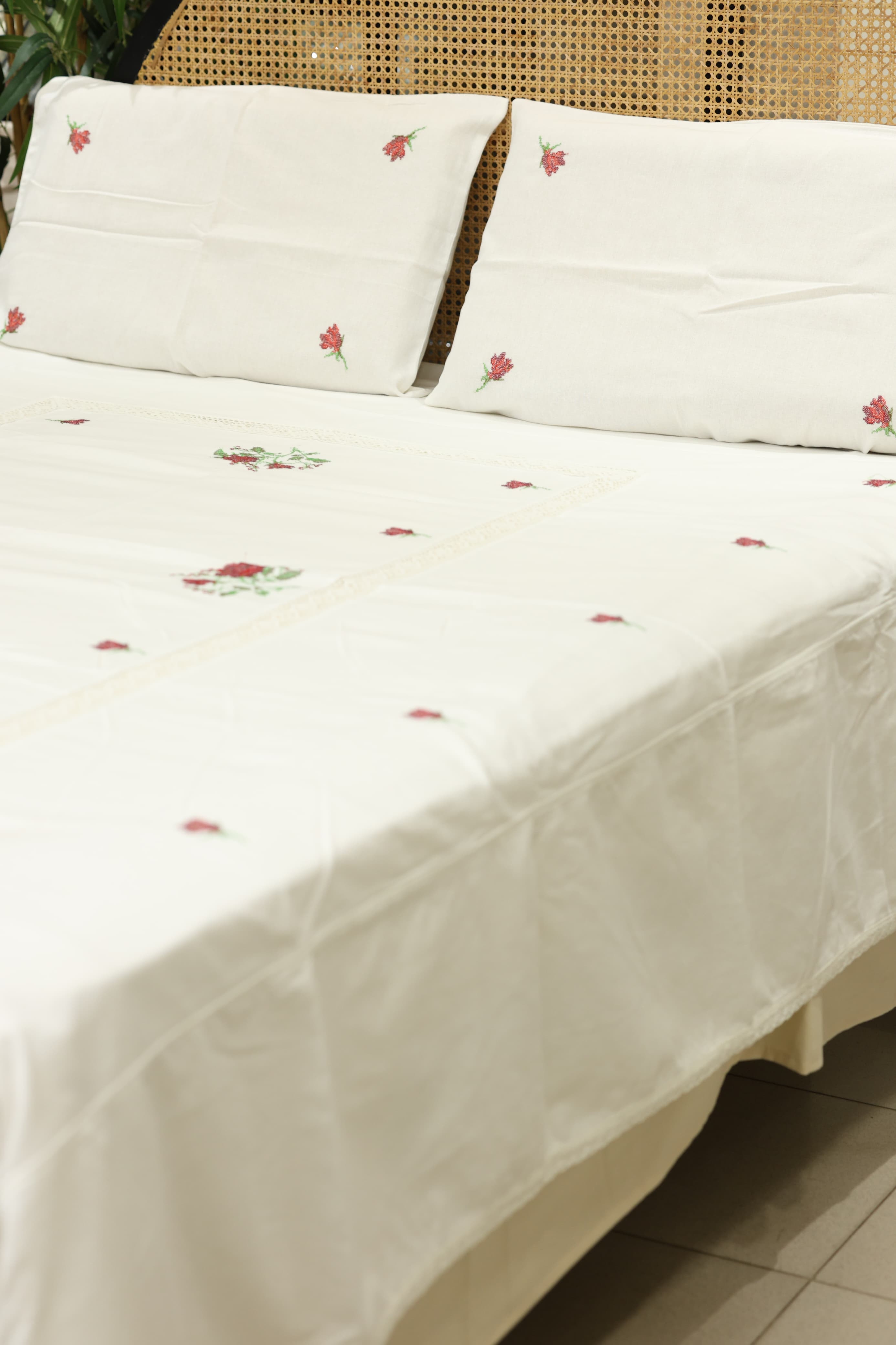 Premium Cross stitch Embroidery Cotton King Size Bedspread Set