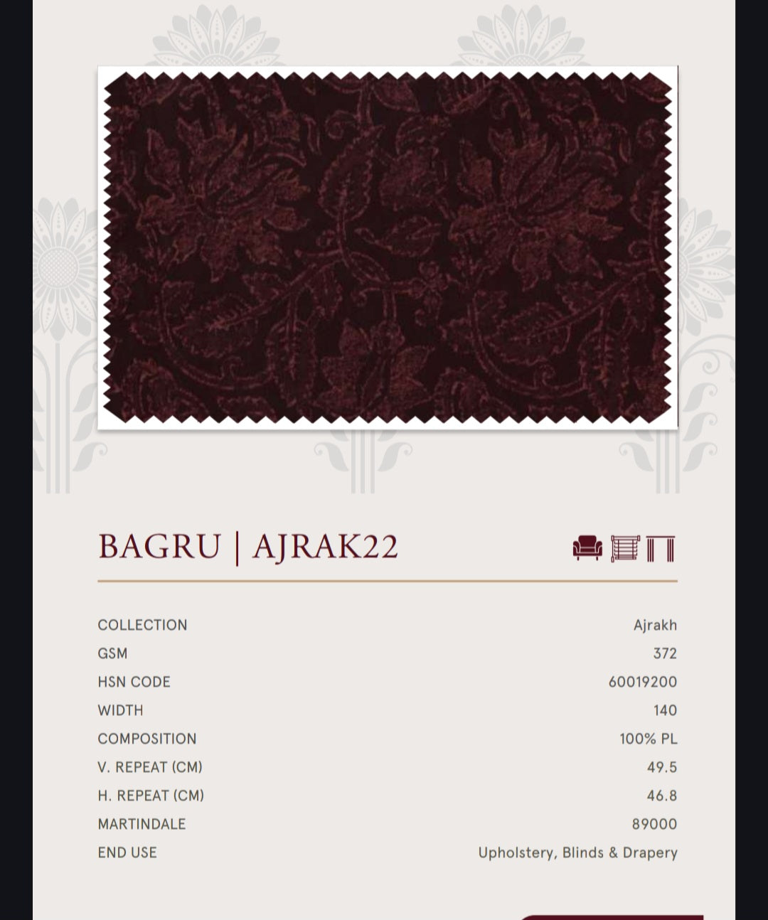 Upholstery fabrics -Ajrakh(Bagru)