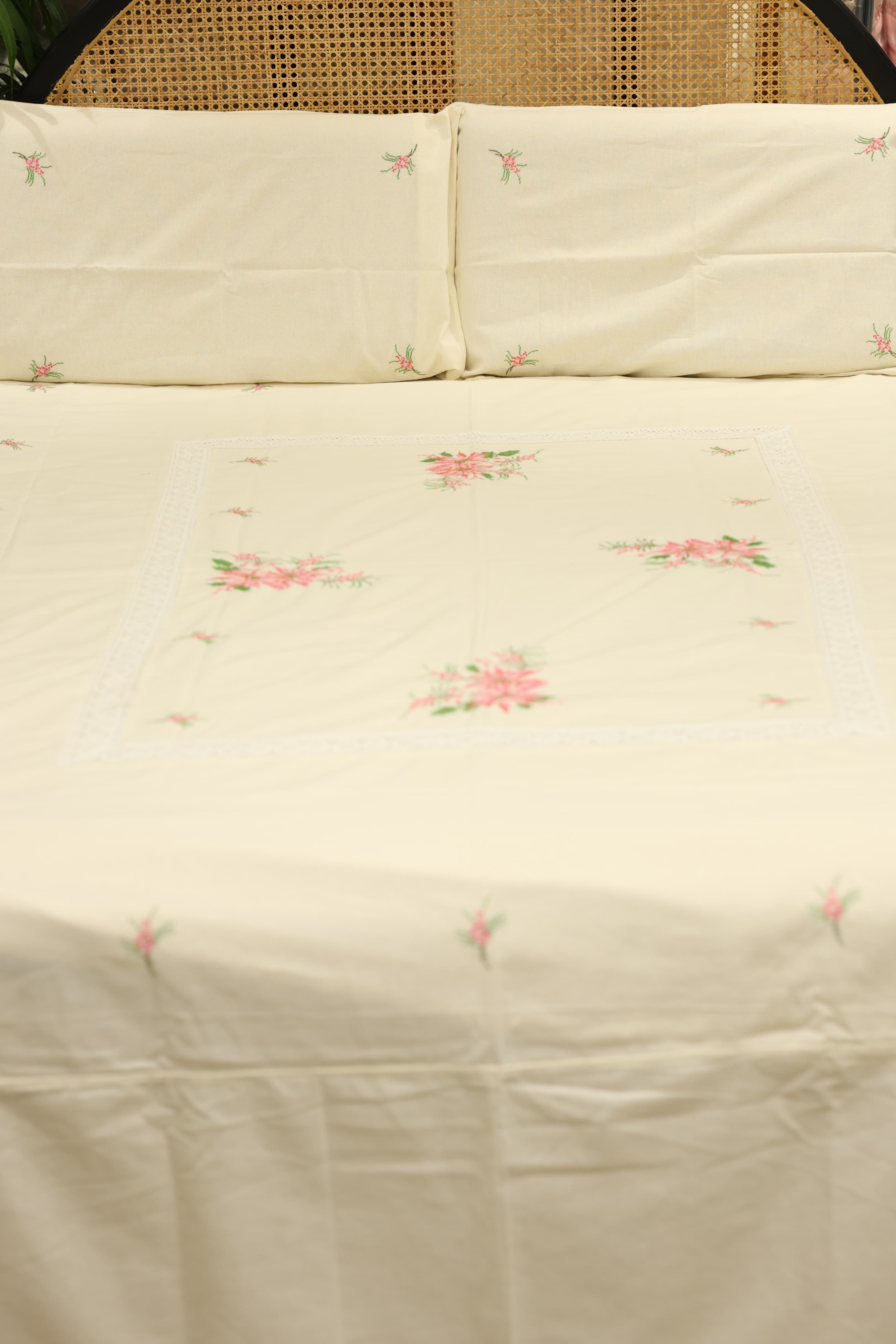 Premium Cross stitch Embroidery Cotton King Size Bedspread Set
