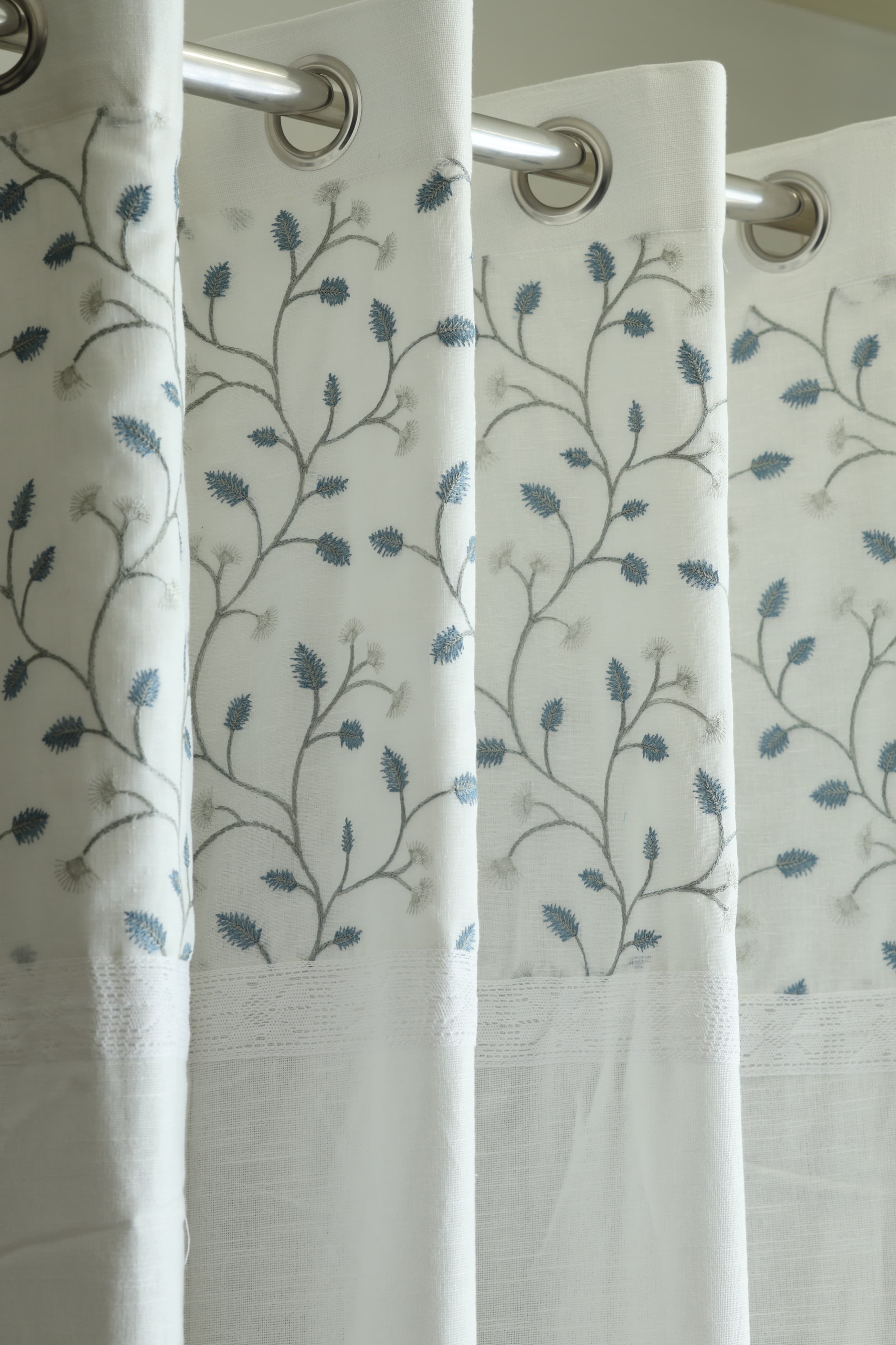 Premium White Opaque Curtain with Blue Floral Embroidery