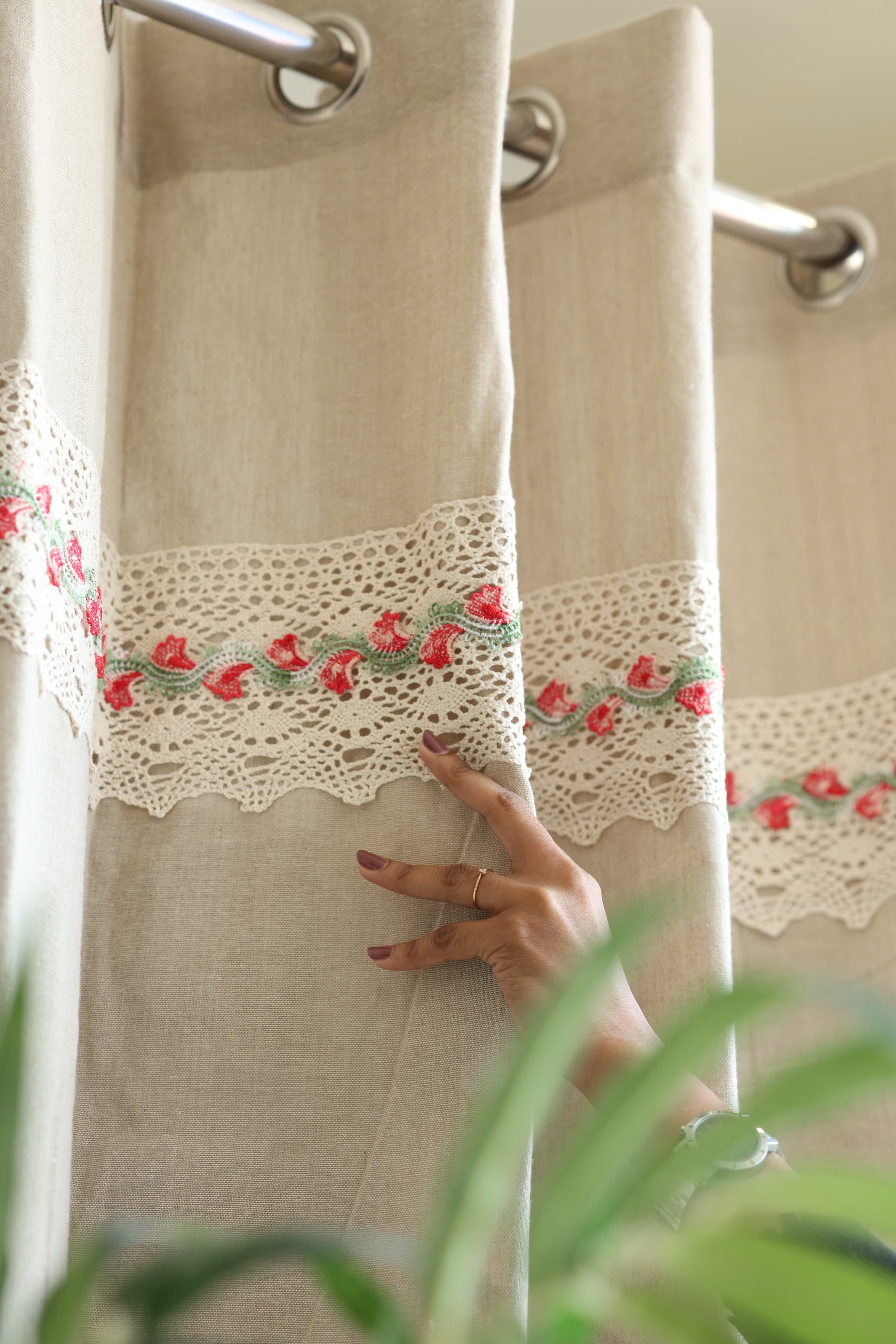 Natural Beige Opaque Curtain with Red Floral Crochet Lace Trim