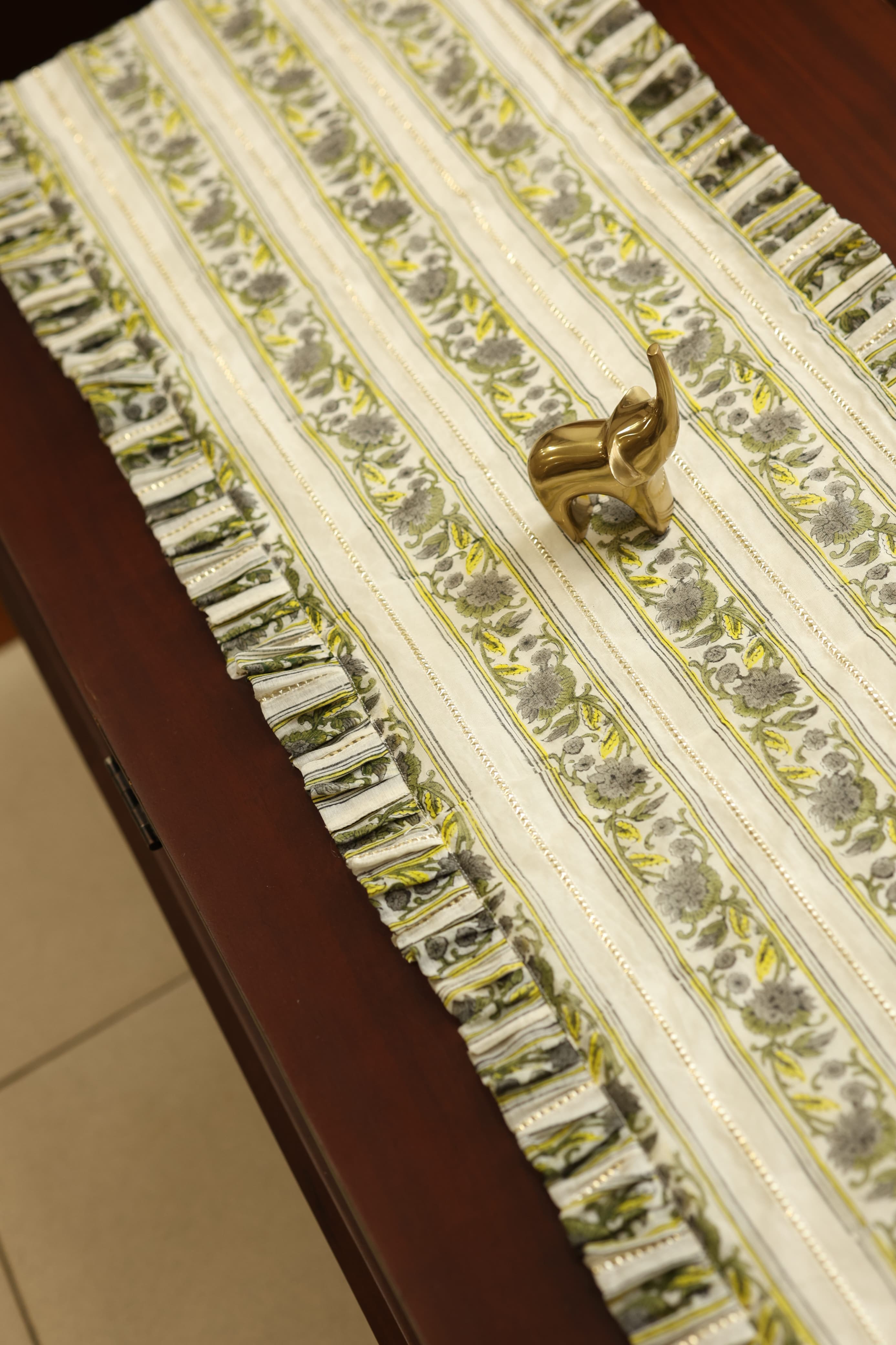 Onam Handblock Table Runner with Ruffled Edges - 4 seater