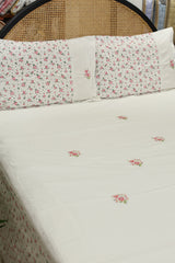 Floral Print & Cross-Stitch Embroidery Handloom Cotton Bedspread Set