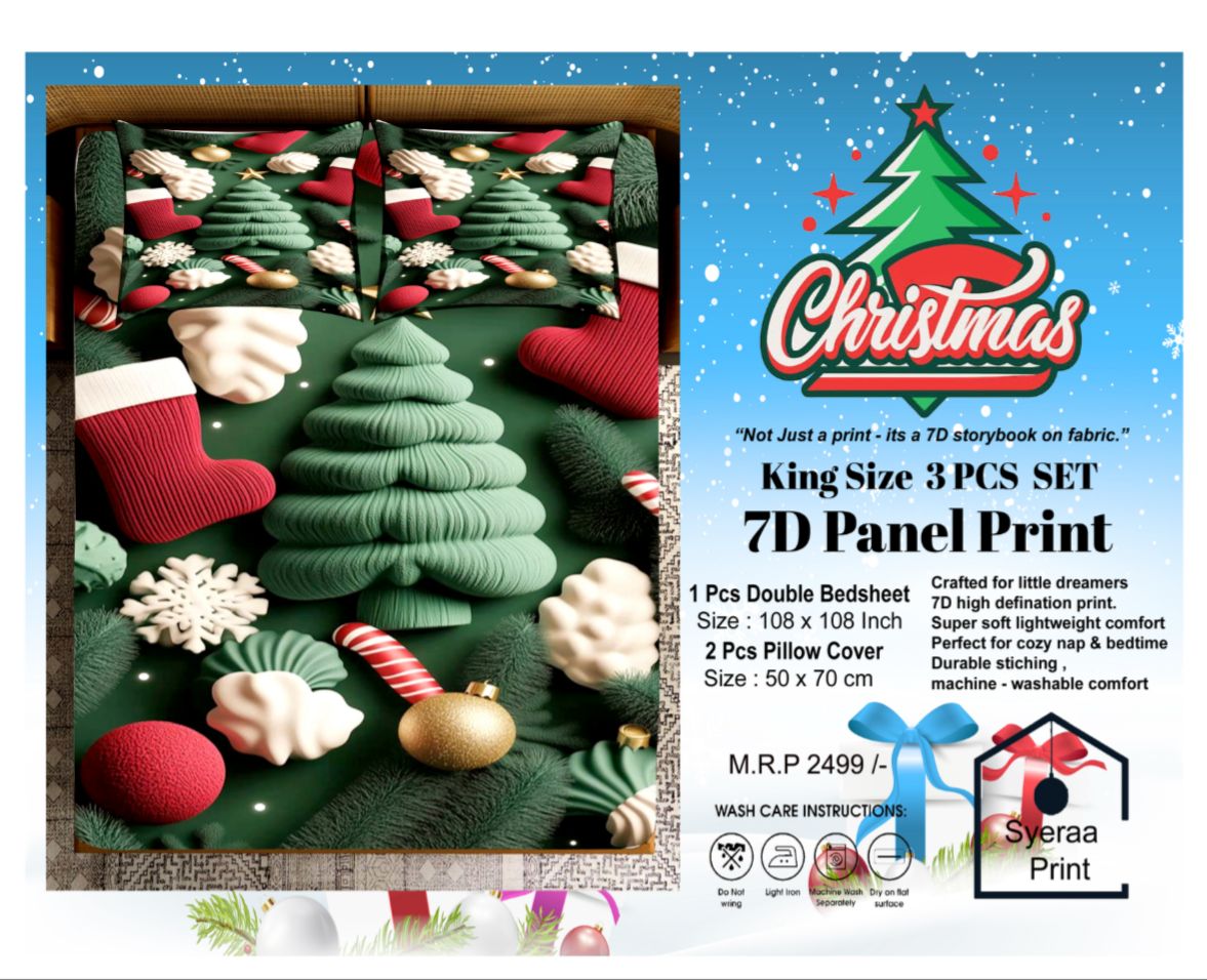 King size 7D Panel Print Bedsheet Set Xmas Edition