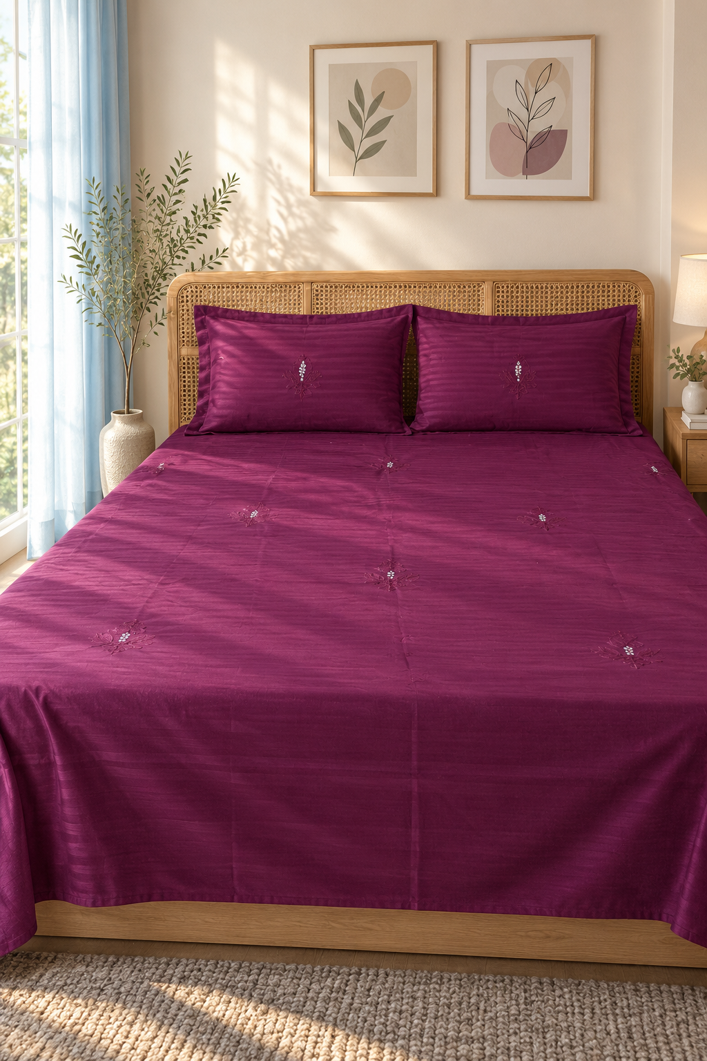 Queen Size Premium Machine Embroidery Bedsheet Set with 2 Pillow Covers (90x100)