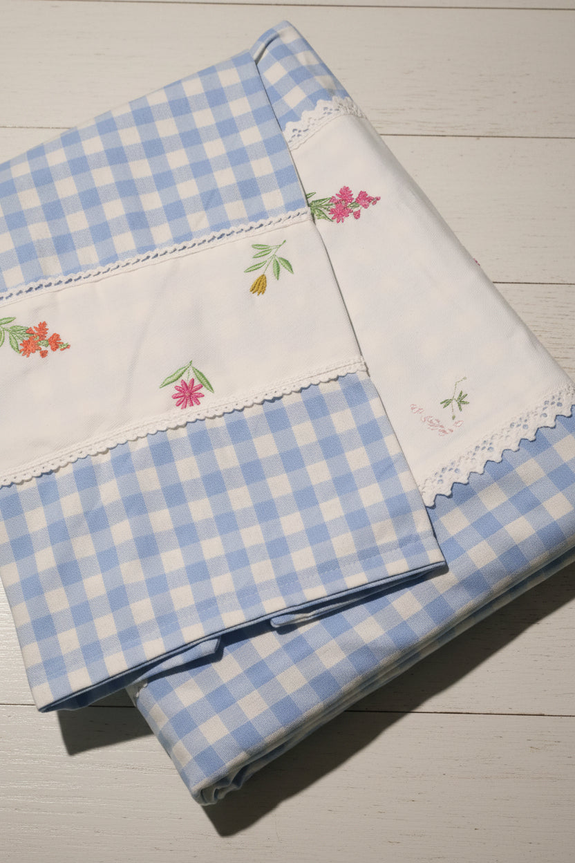 Bedsheets - Queen Premium check floral embroidery  bedsheet