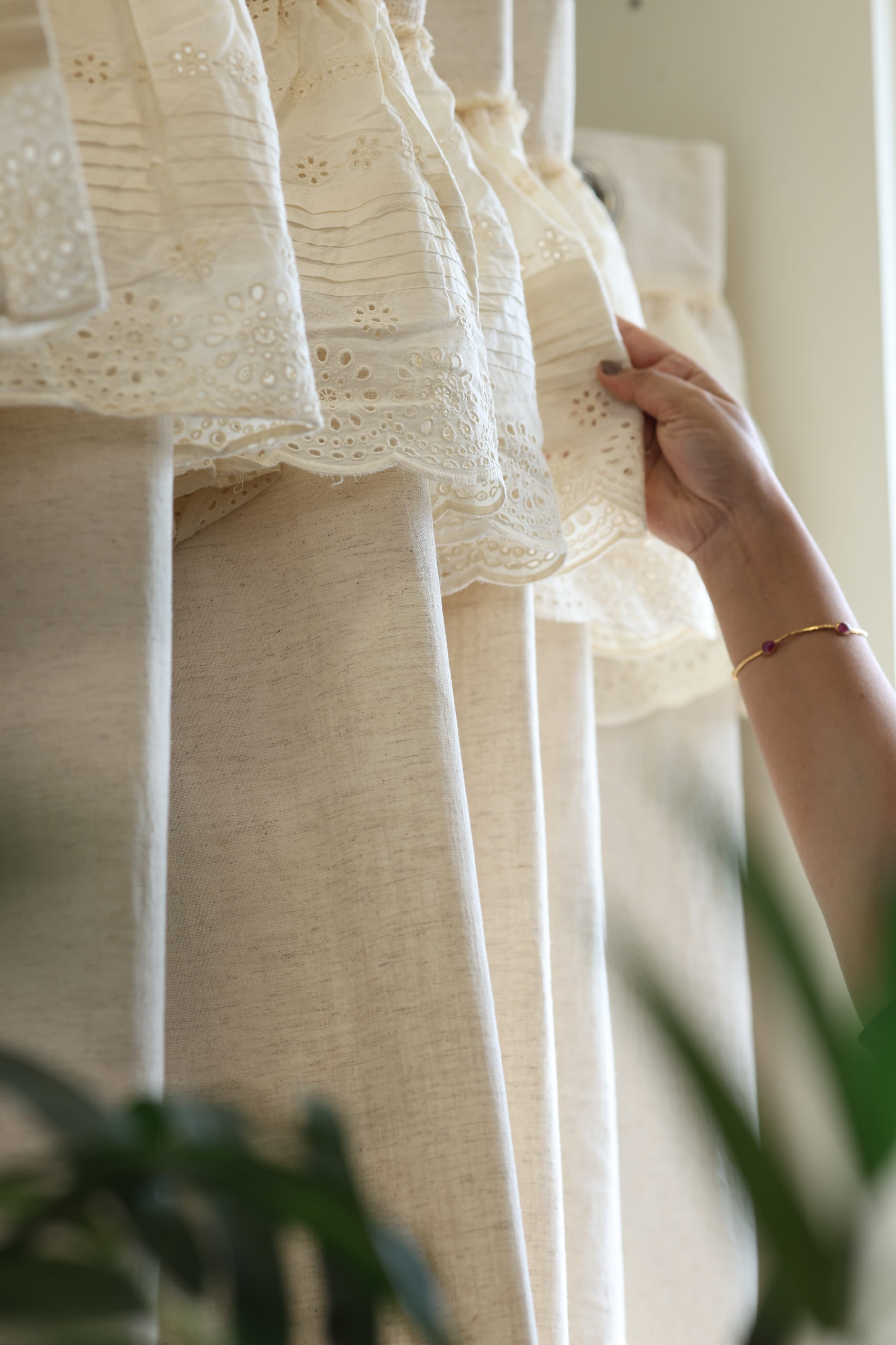 Ivory Lace Crochet with hakoba frill opaque curtains cottage frills