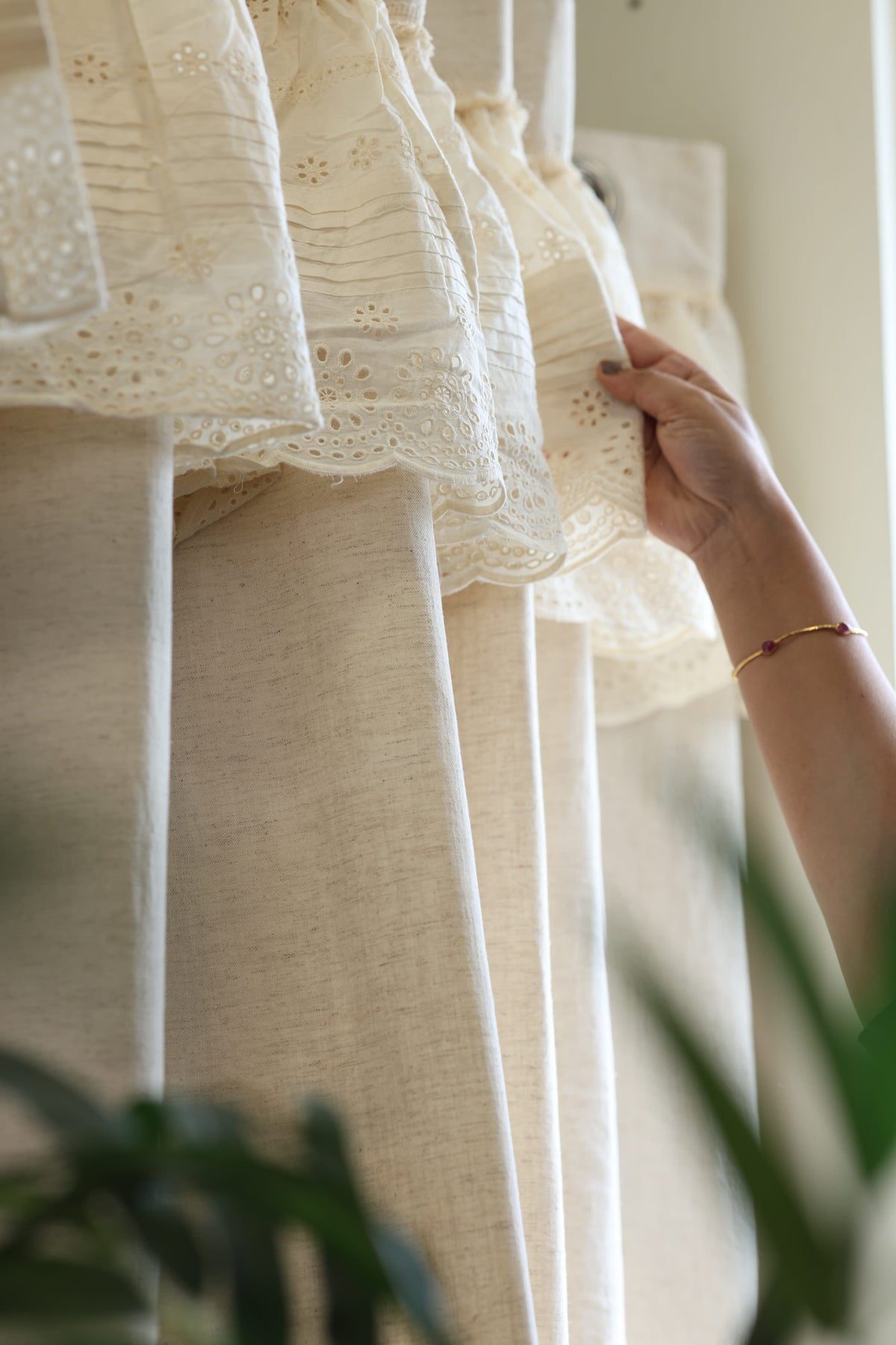 Ivory Lace Crochet with hakoba frill opaque curtains cottage frills