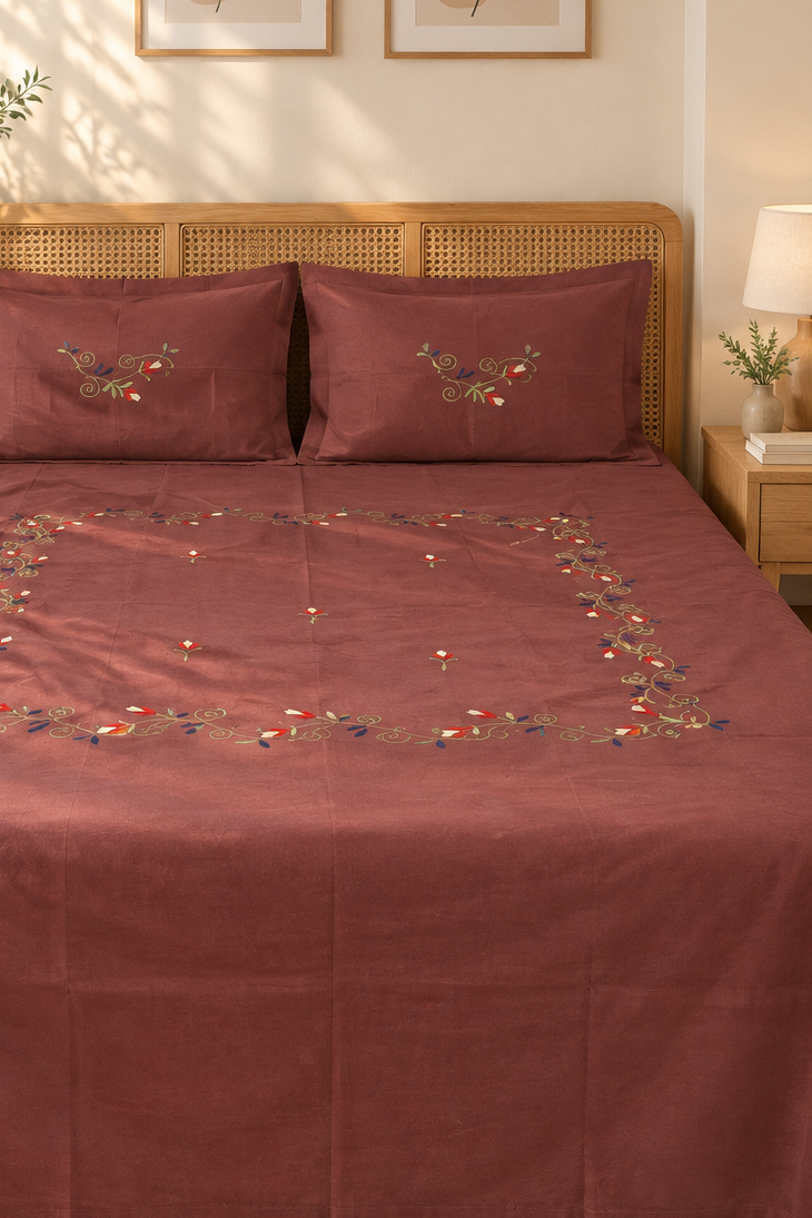 Queen Size Premium Machine Embroidery Bedsheet Set with 2 Pillow Covers (90x100)