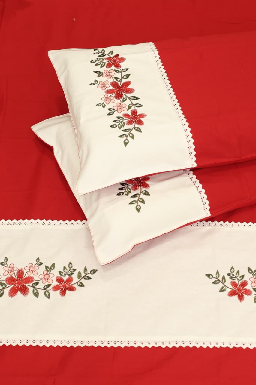 Bedsheets - Queen Premium check floral embroidery  bedsheet Xmas theme edition