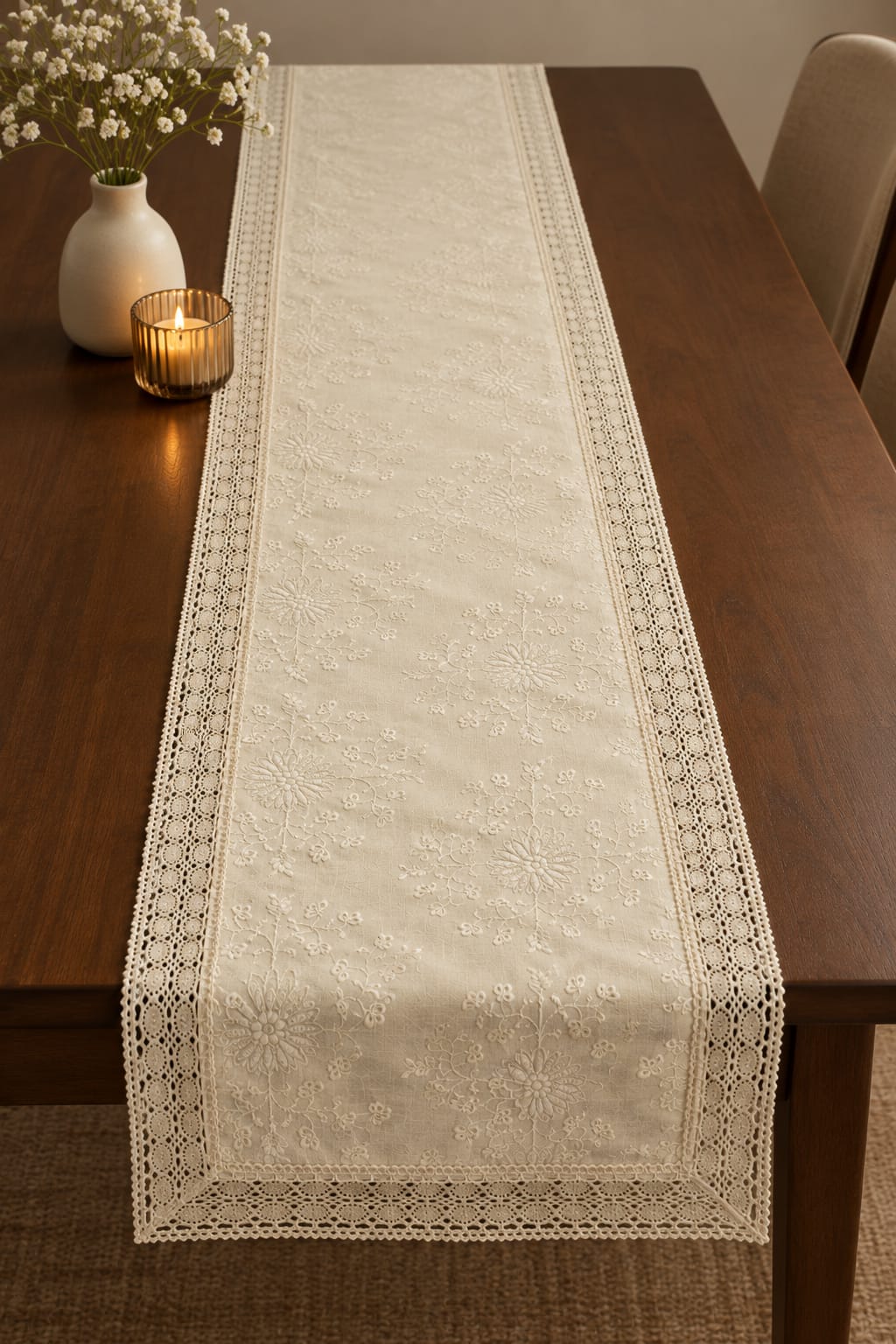 Embroidered Floral 8 seater Table Runner with Lace Border