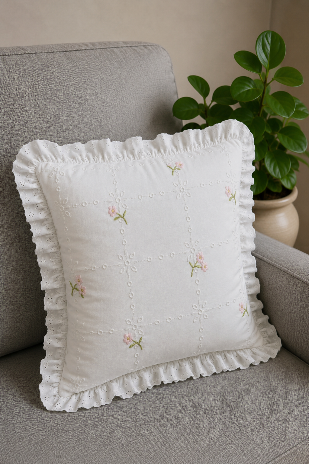 Cushion covers - Embroidery white meadow petals 16*16 inches