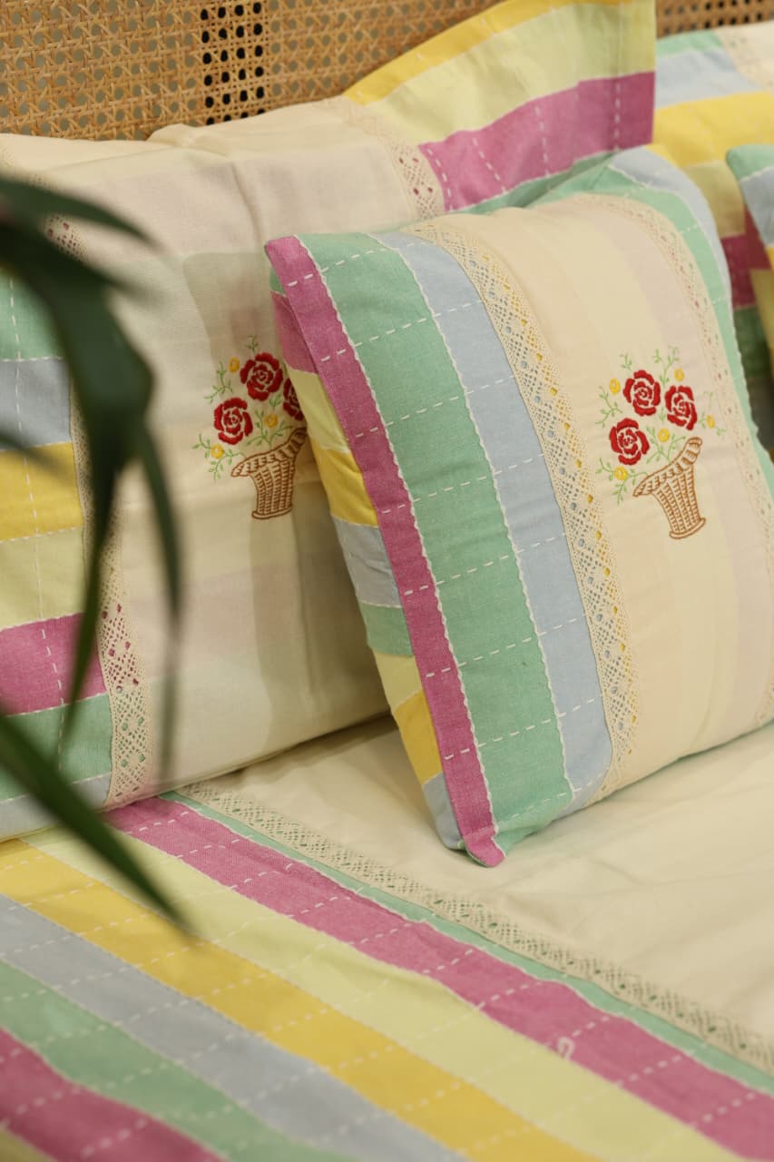 Pastel Stripe Premium Embroidery Cotton King Size Bedspread Set Cottage collections 3