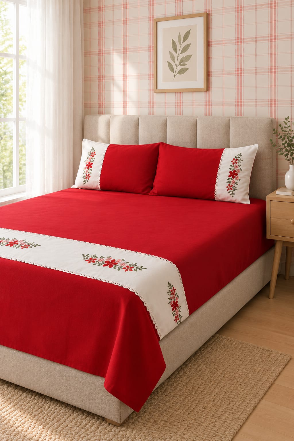 Bedsheets - Queen Premium check floral embroidery  bedsheet Xmas theme edition