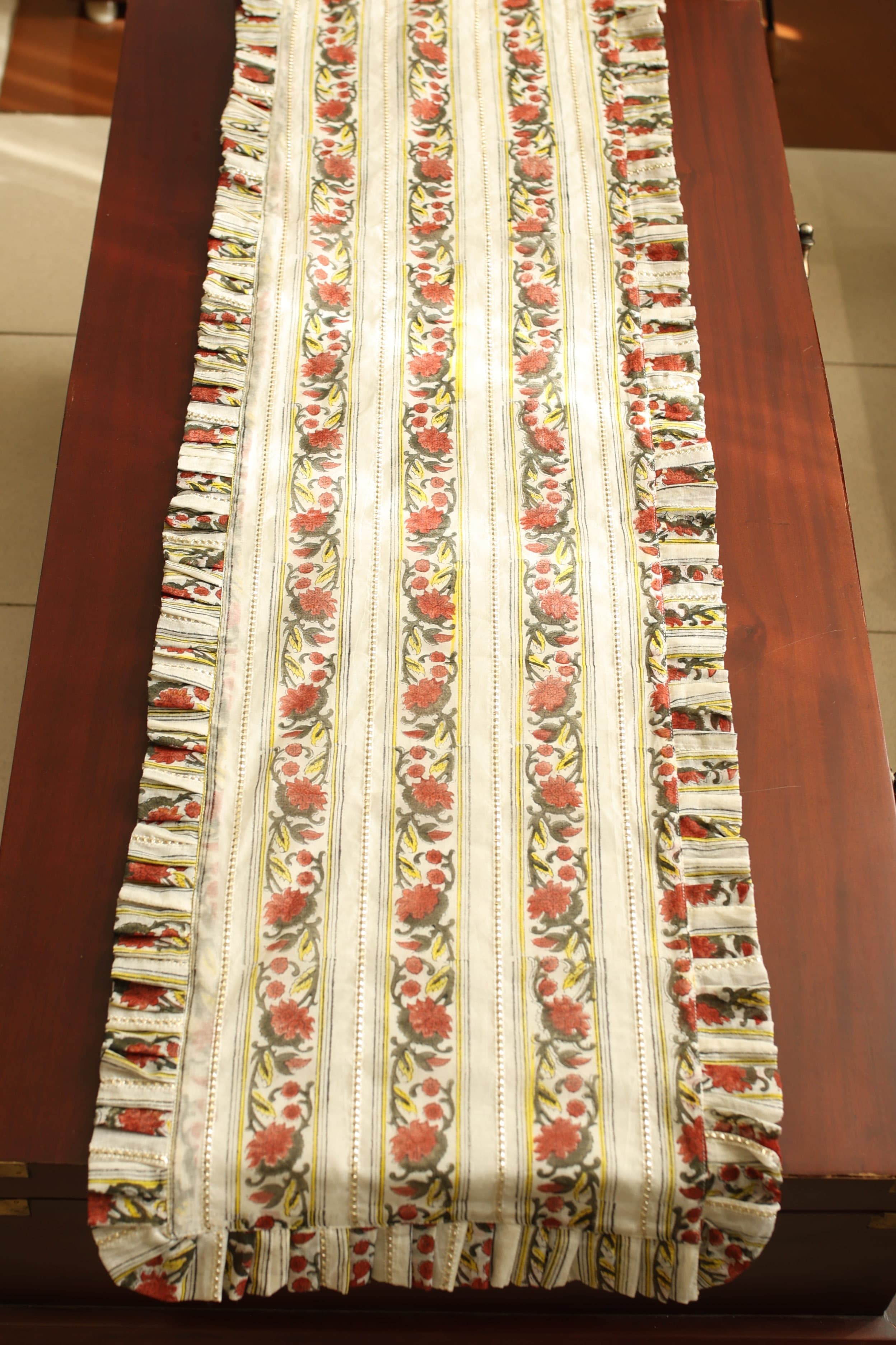 Onam Handblock Table Runner with Ruffled Edges - 4 seater
