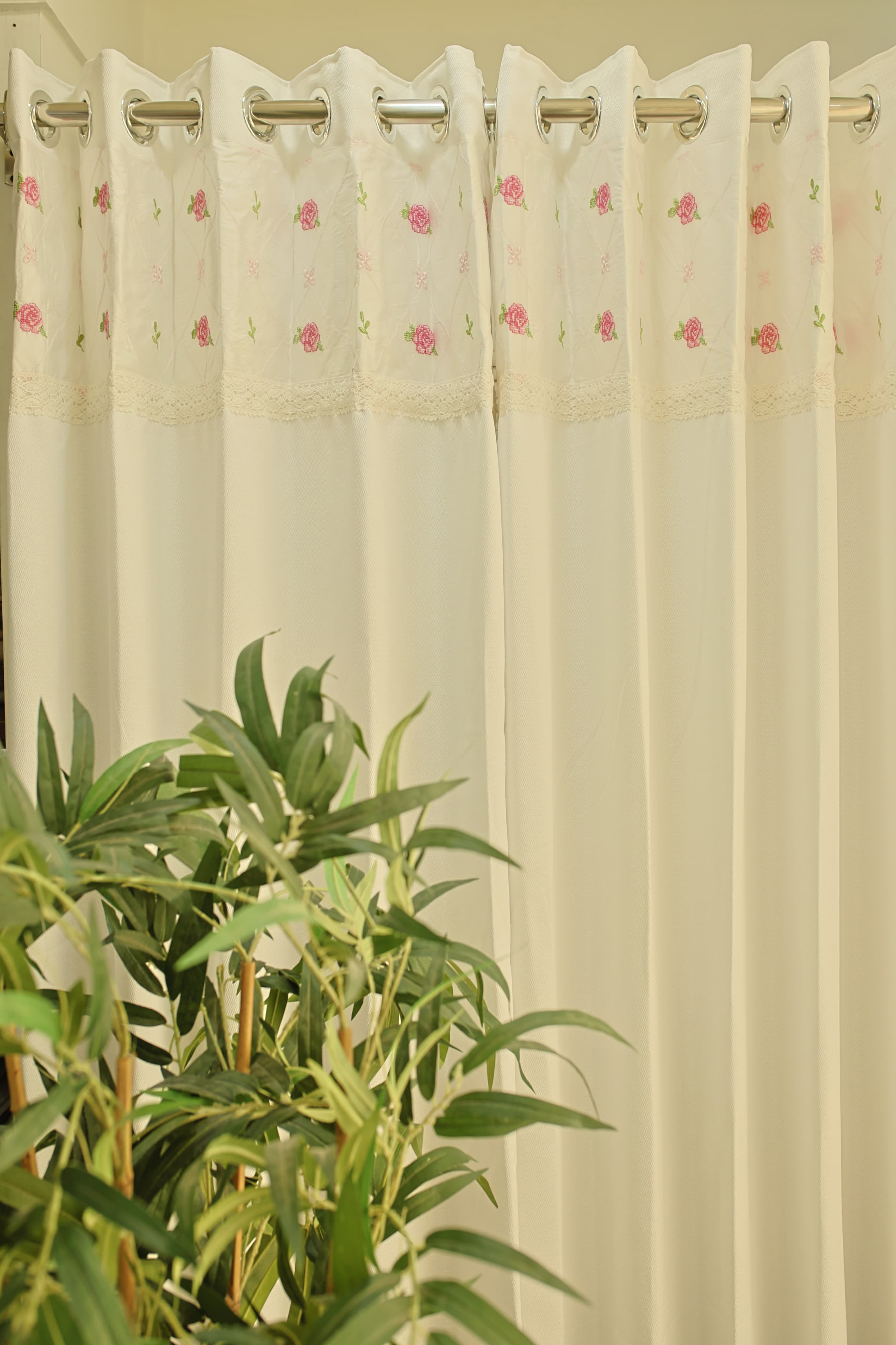 Curtains : Premium designer cross stitch embroidery curtains pure white colour