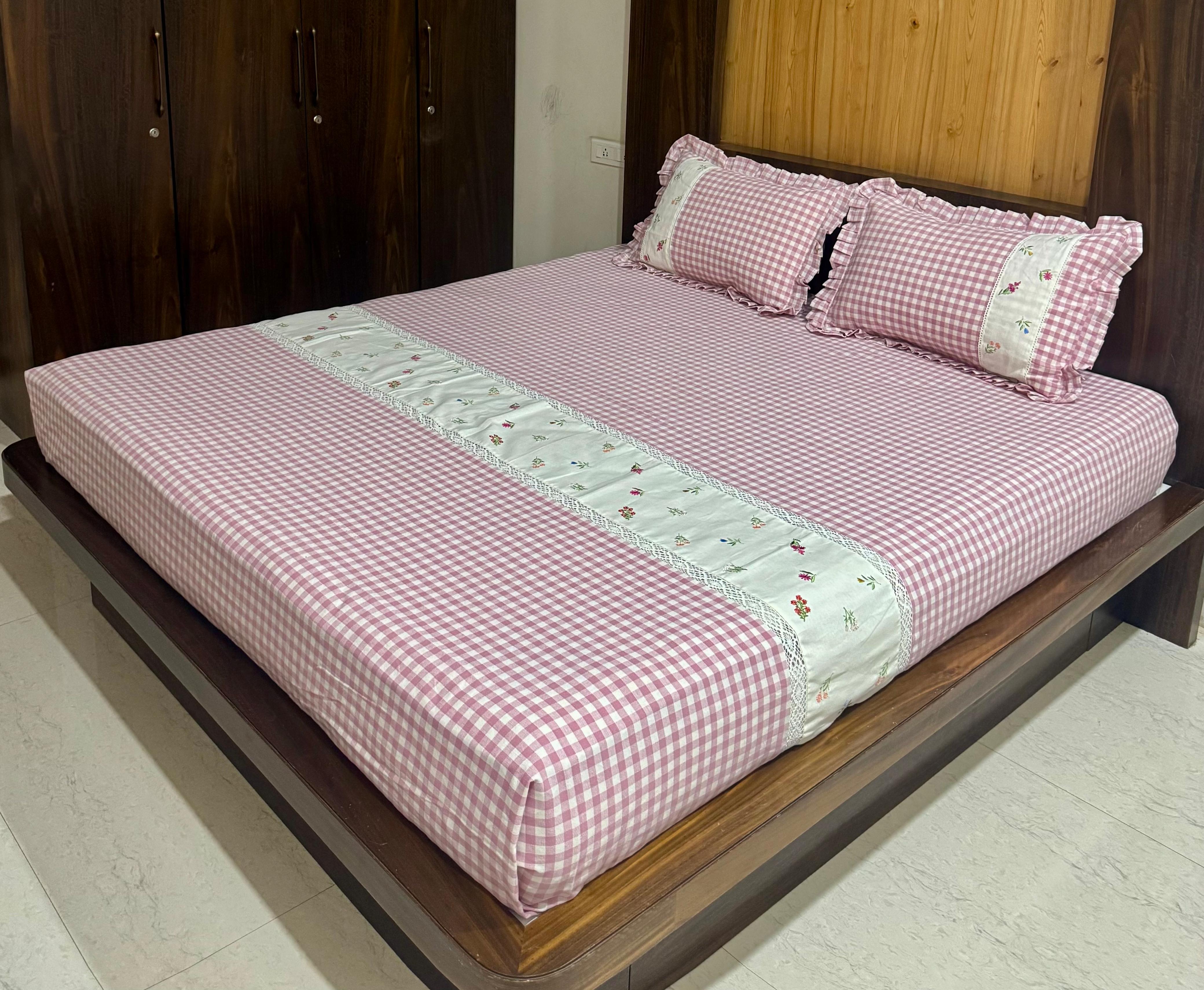 Bedsheets - Queen Premium check floral embroidery  bedsheet
