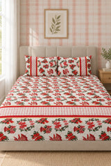 Bedsheets - Queen Premium check floral embroidery  bedsheet Xmas theme edition