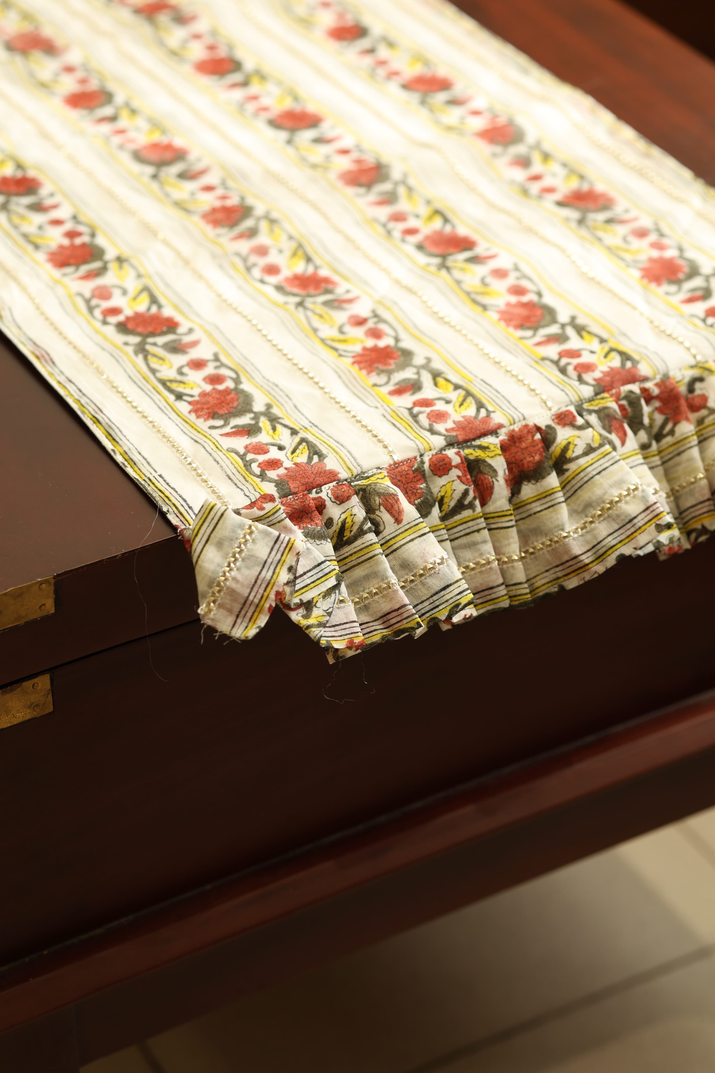 Onam Handblock Table Runner with Ruffled Edges - 4 seater