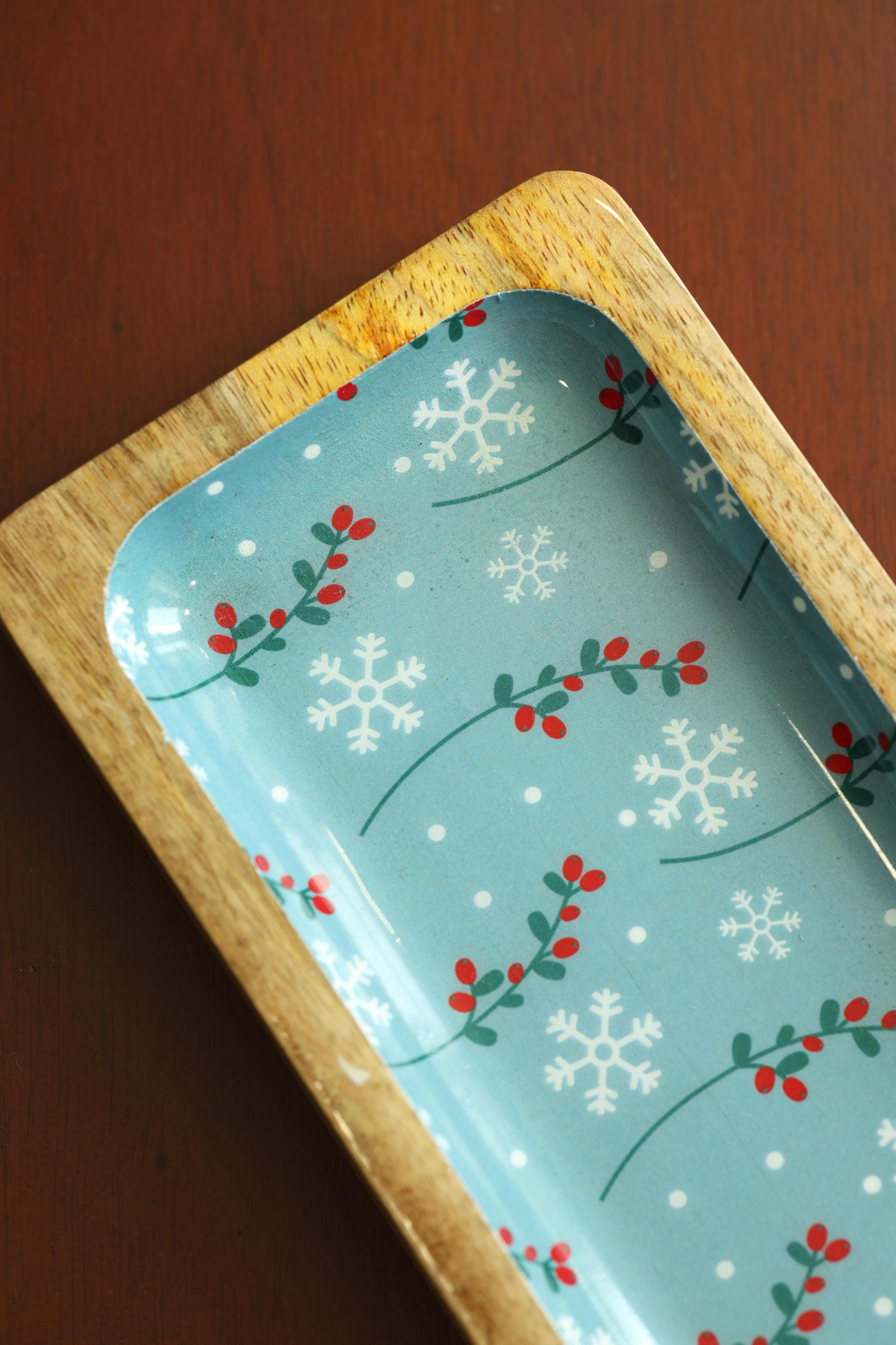 Rectangular Acacia Wood Server with Blue Floral Enamel