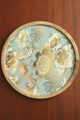 Round Platter Tray with Grey Gold Birds Design Enamel Coated Serving Tray
