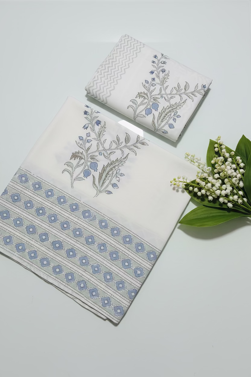 Bedsheets - King percale cotton handblock white lily  bedsheets