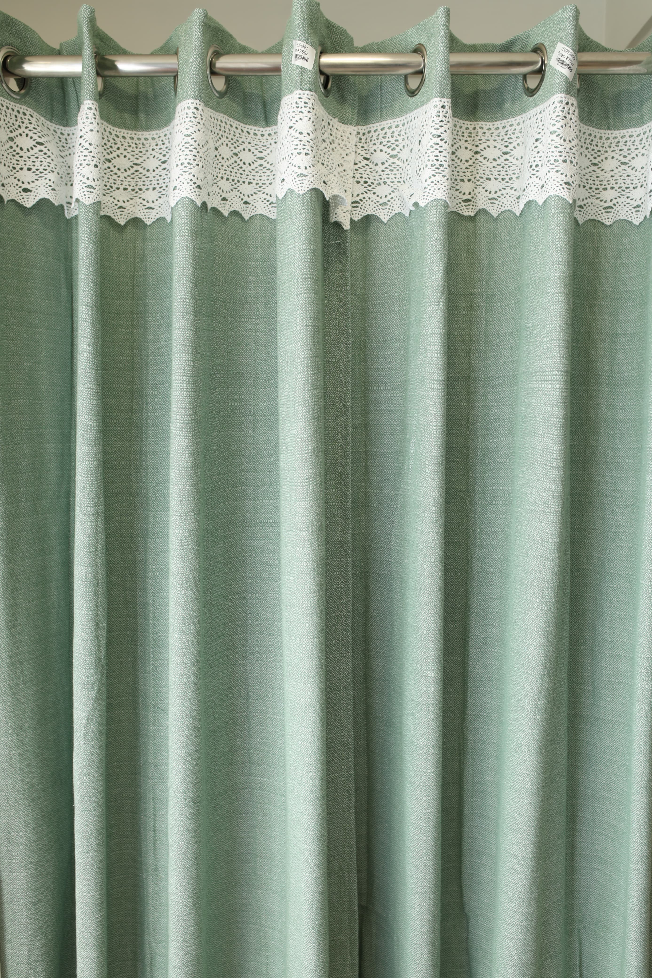Green Woven Opaque Curtain with White Crochet Lace Border