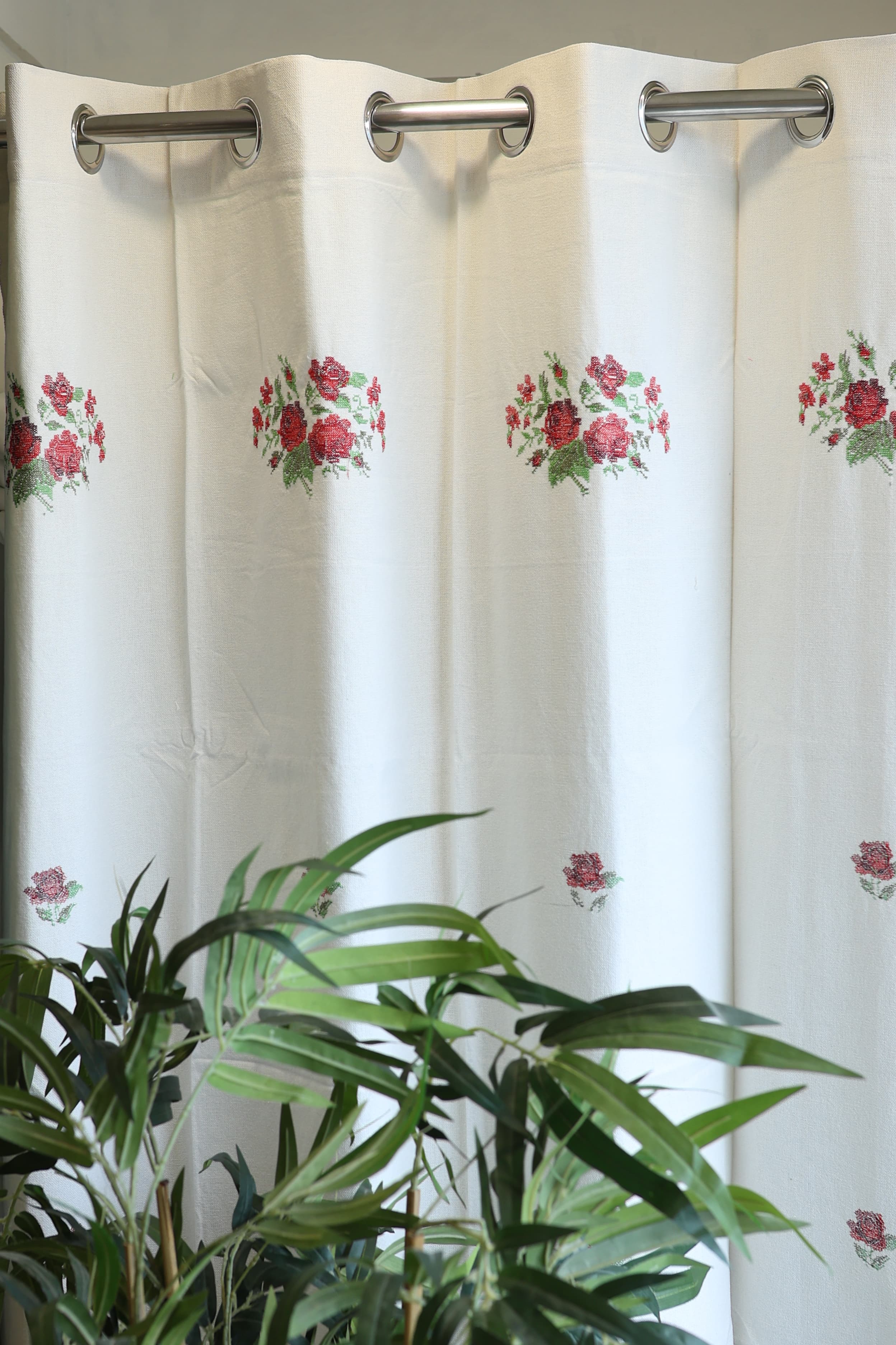 Curtains-Cross stitch embroidery curtains off white base clearance sale