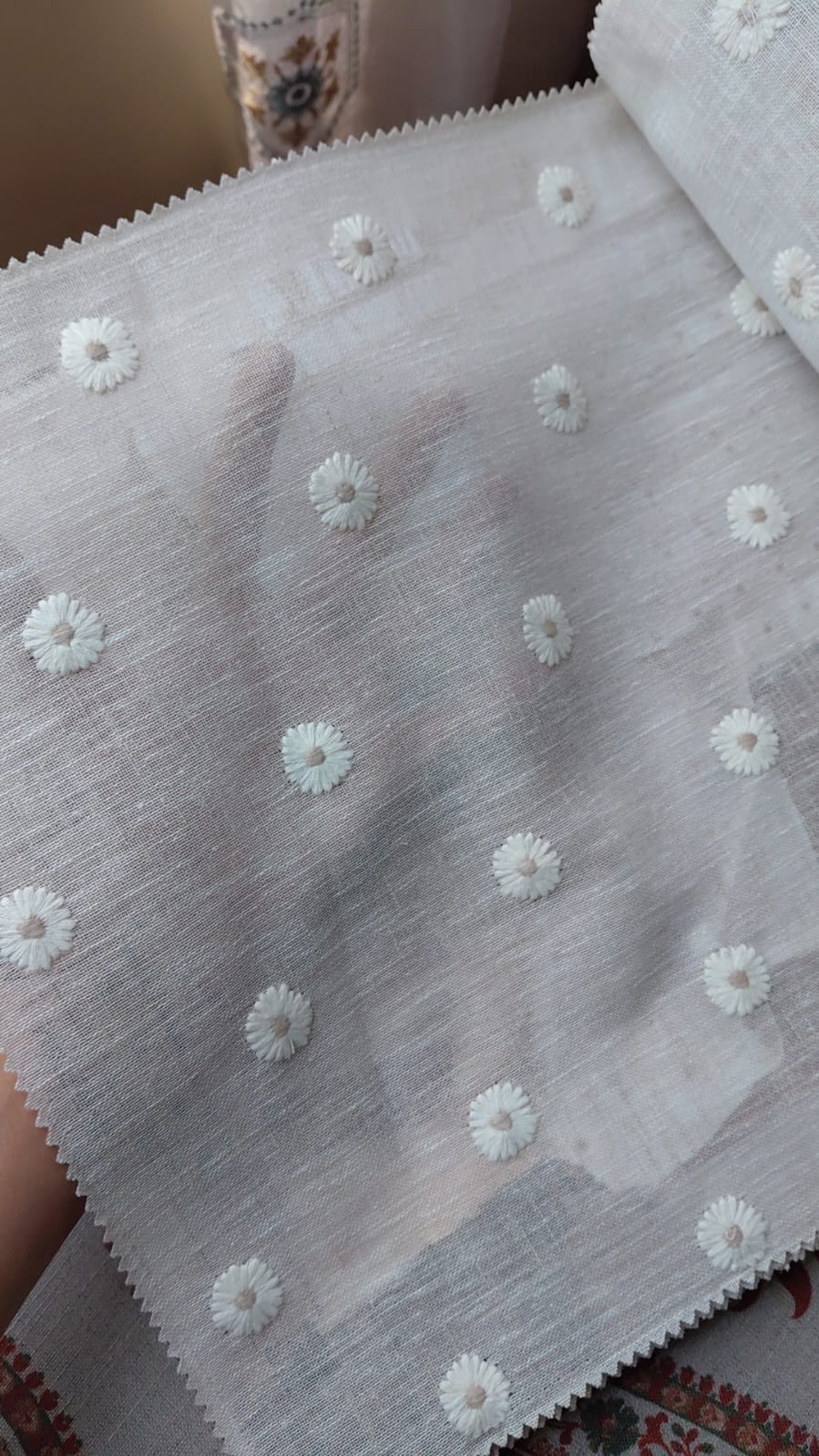 Premium Floral daisy embroidery Sheer Curtain : Cream/ off white  / White