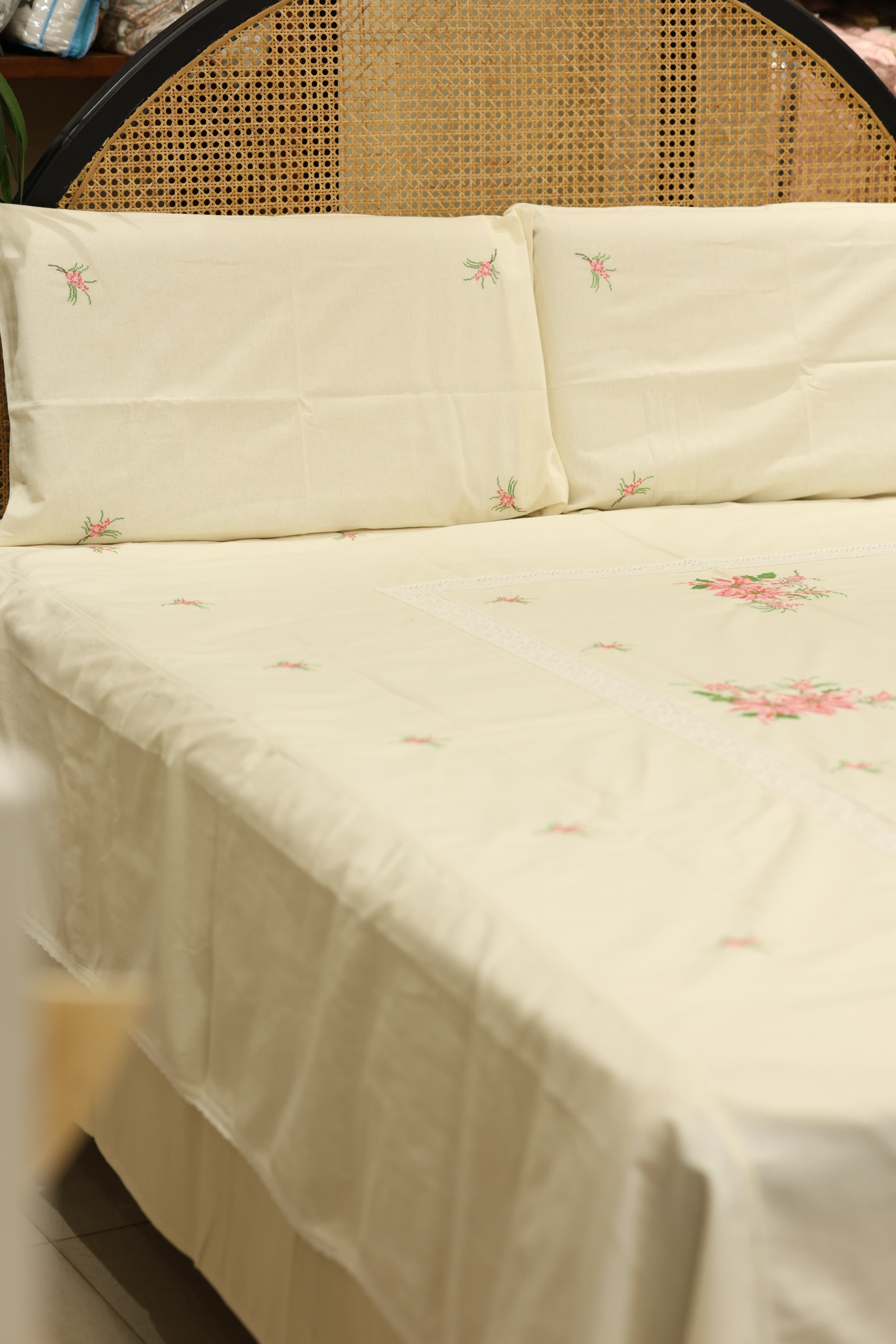 Premium Cross stitch Embroidery Cotton King Size Bedspread Set