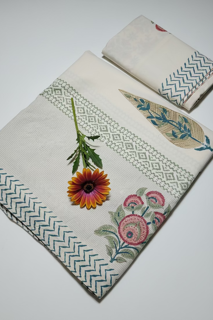 Bedsheets - King percale cotton handblock white lily  bedsheets