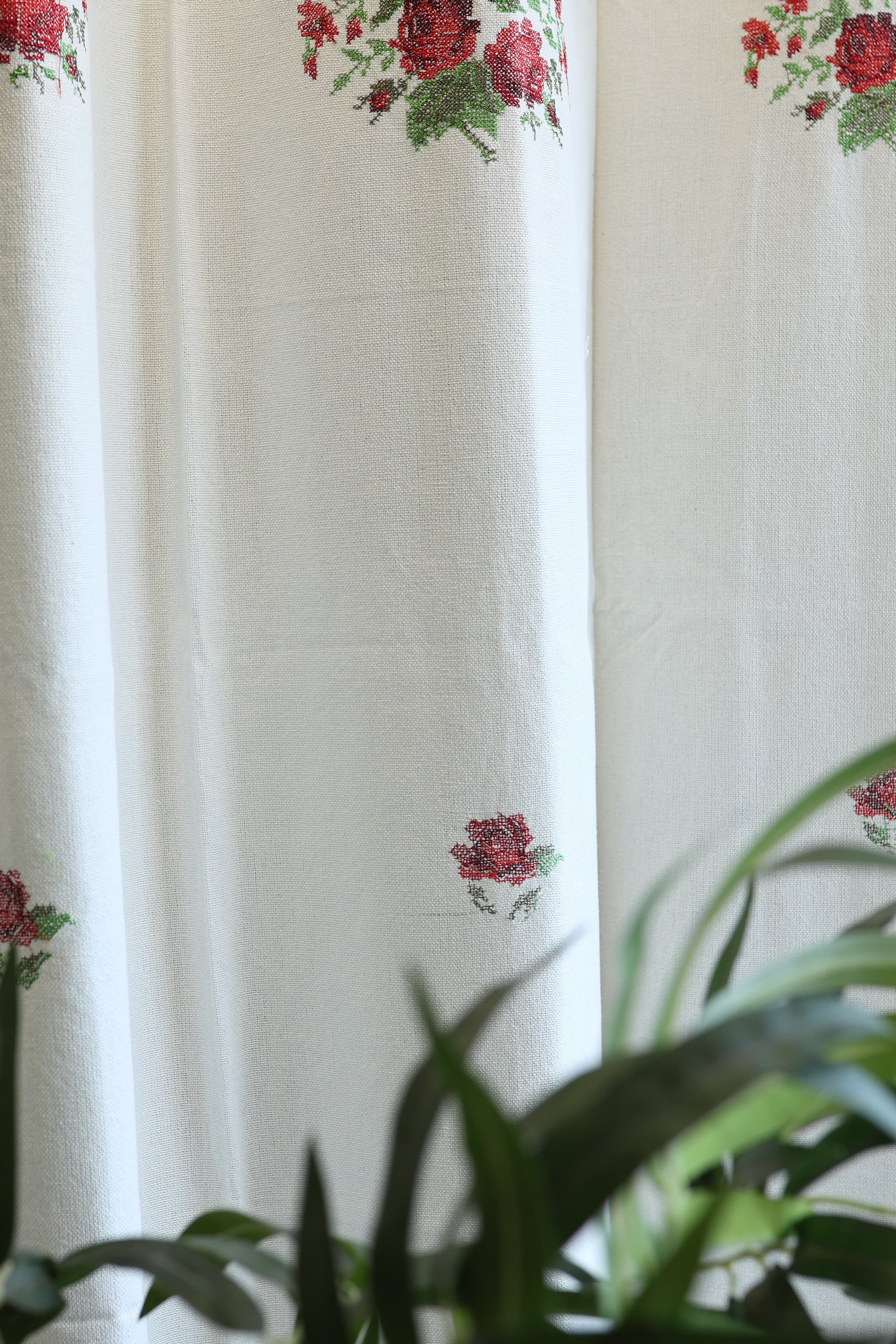 Curtains-Cross stitch embroidery curtains off white base clearance sale