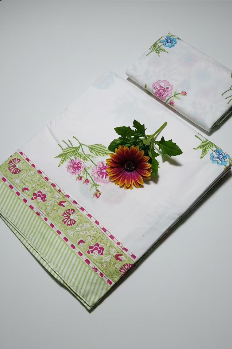 Bedsheets - King percale cotton handblock white lily  bedsheets
