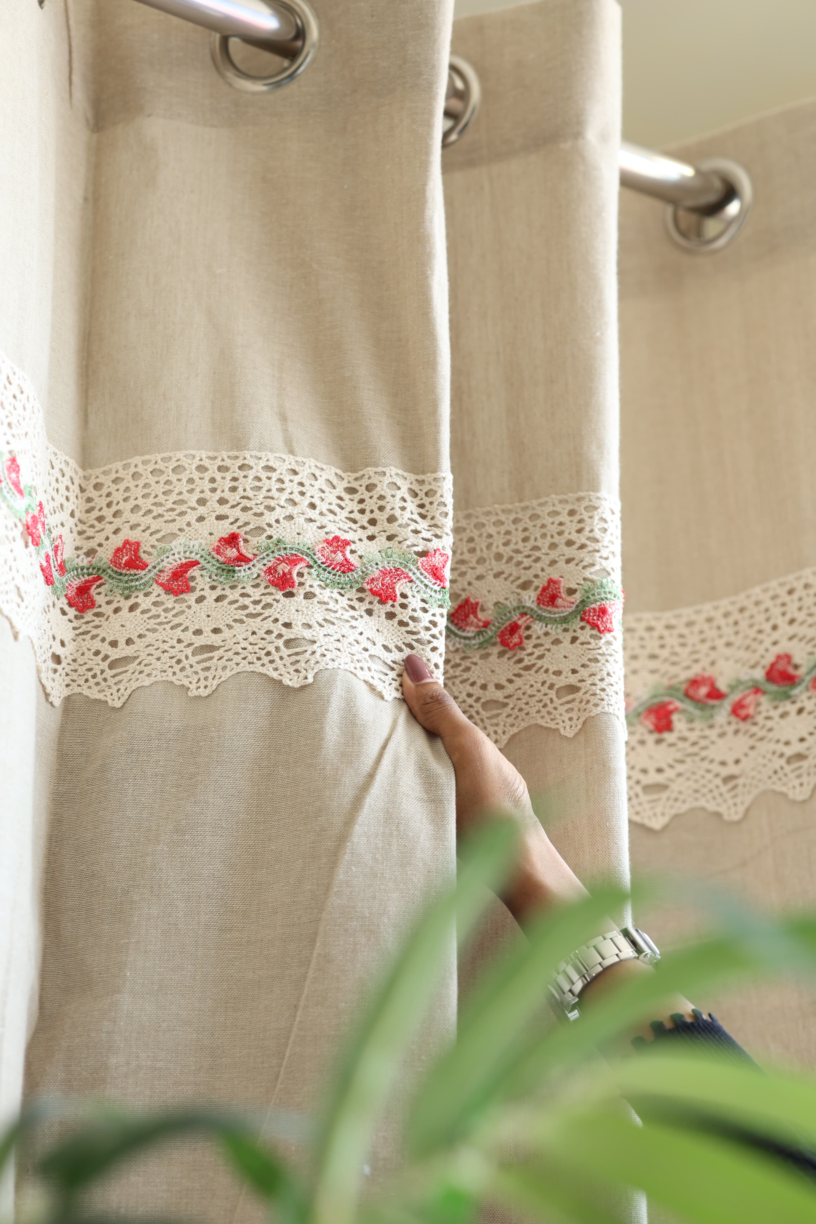 Natural Beige Opaque Curtain with Red Floral Crochet Lace Trim