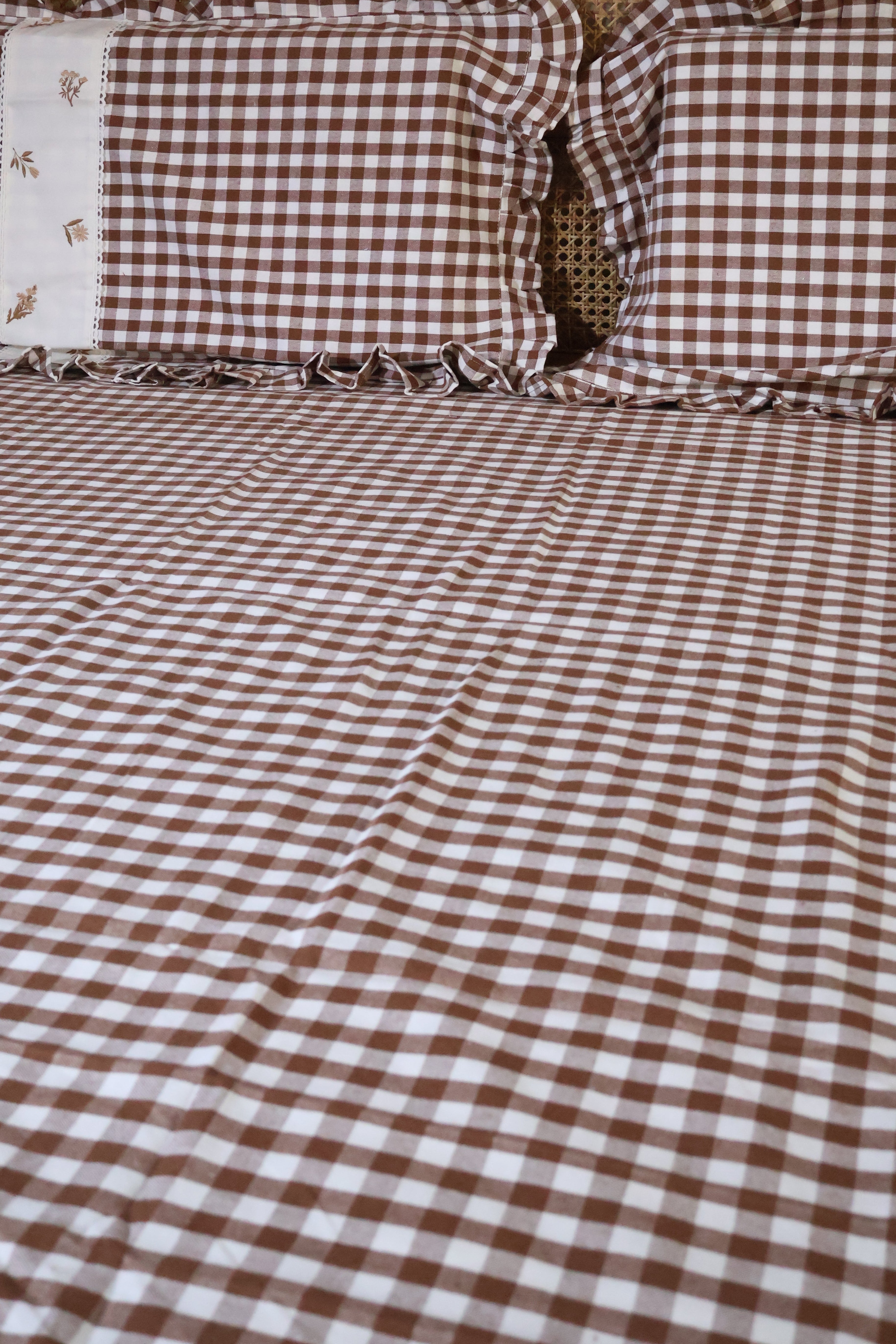 Bedsheets - King Premium check floral embroidery bedsheet(brown)