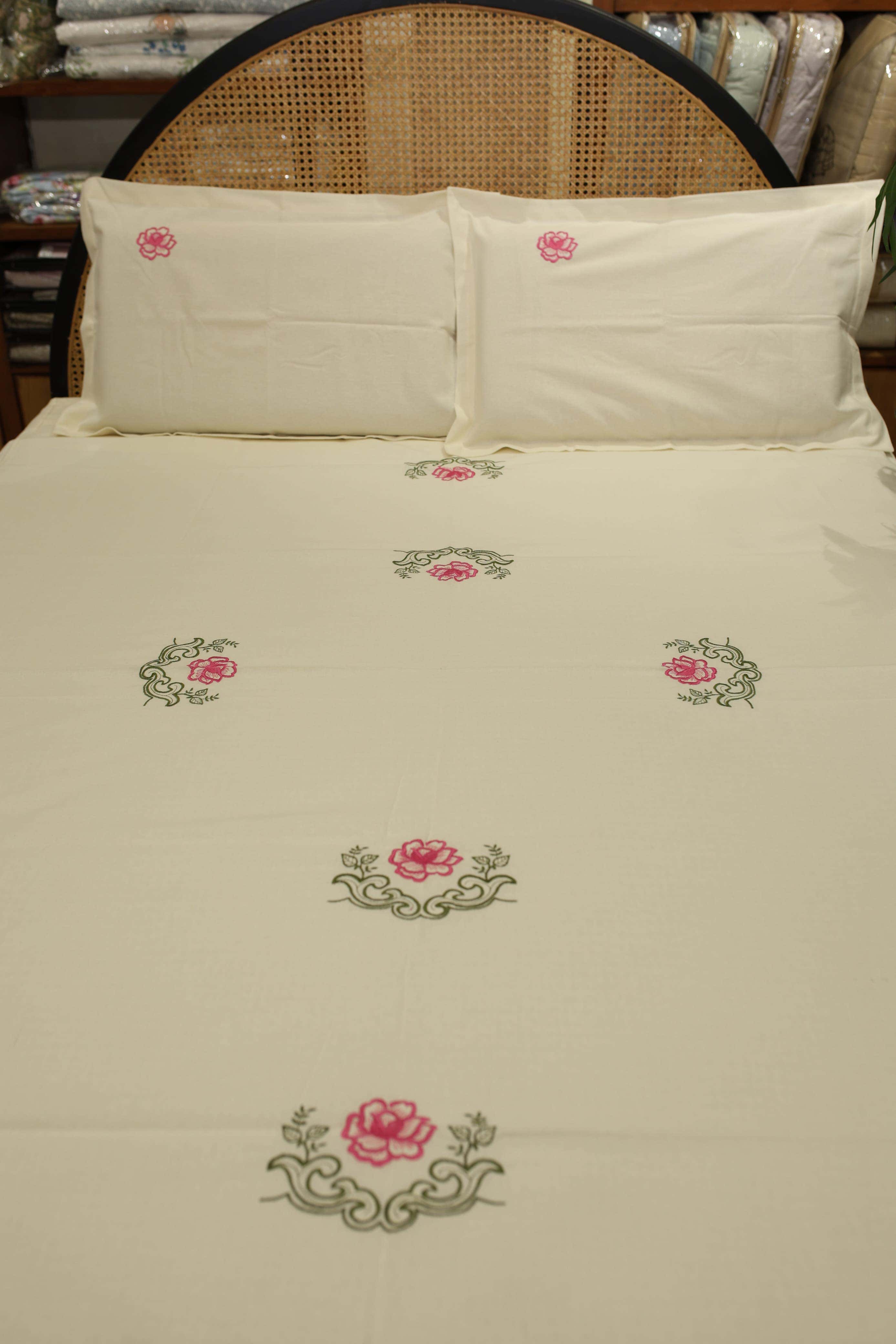 Bedsheets - Queen Premium machine embroidery bedspread off white base