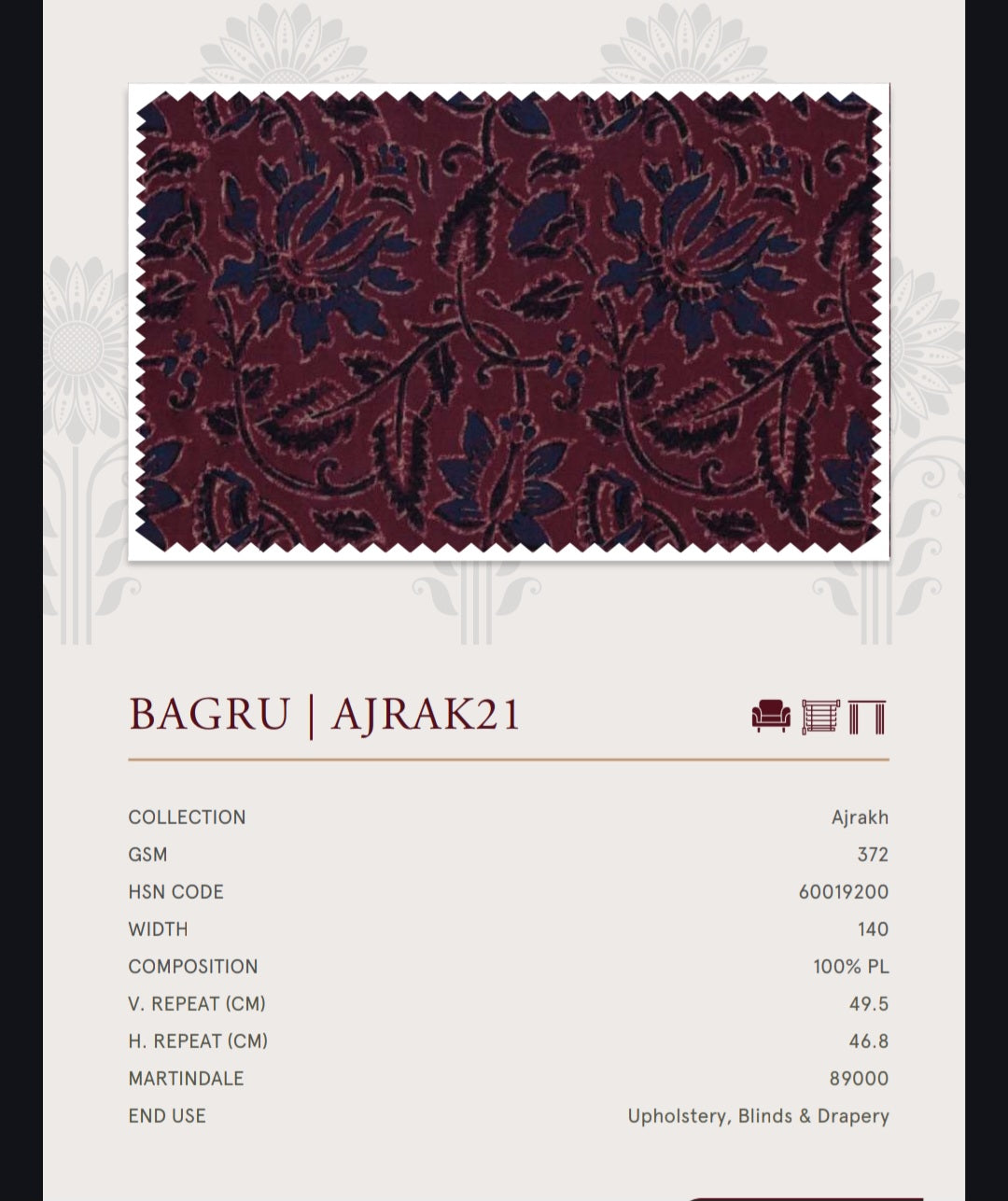 Upholstery fabrics -Ajrakh(Bagru)