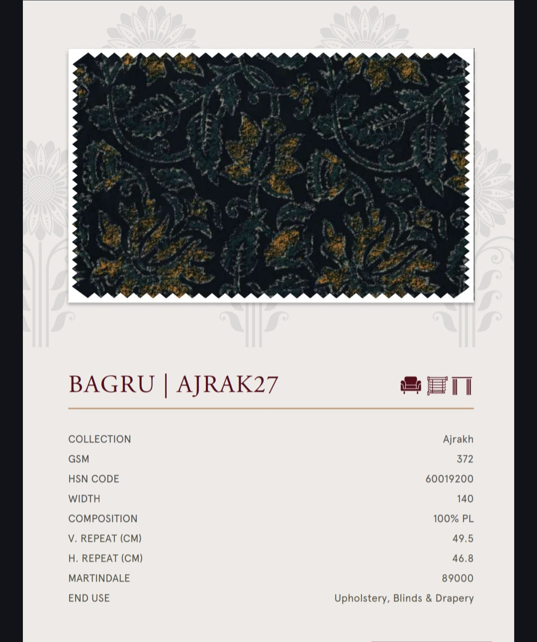 Upholstery fabrics -Ajrakh(Bagru)