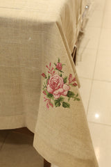 Pink Rose Cross Stitch Embroidery Beige Tablecloth (60x90 Inches) - 6 seater
