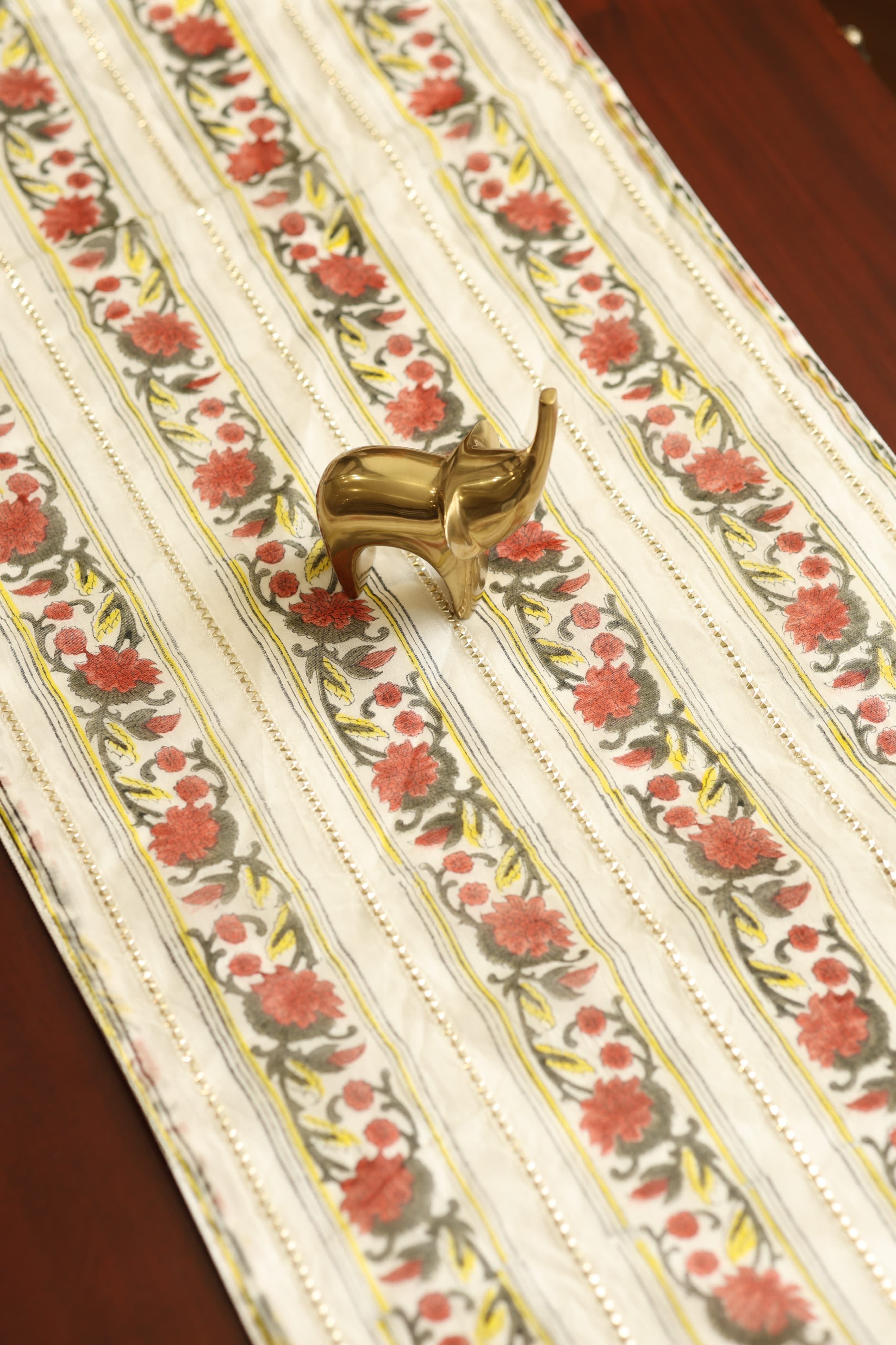 Onam Handblock Table Runner with Ruffled Edges - 4 seater
