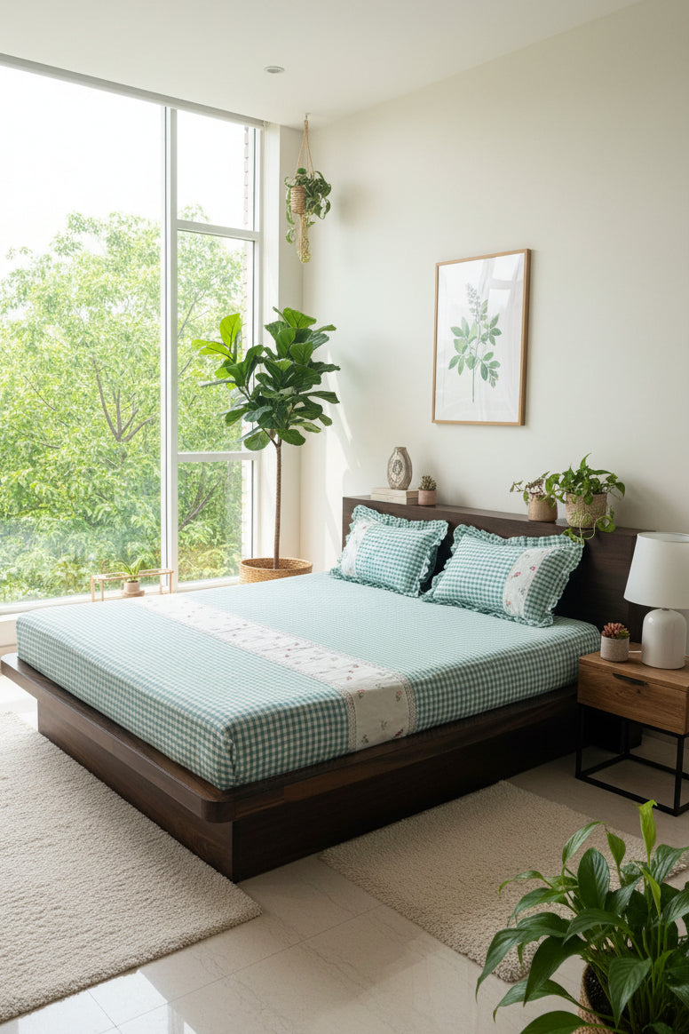 Check King Floral Embroidery Bedspread bed sheet