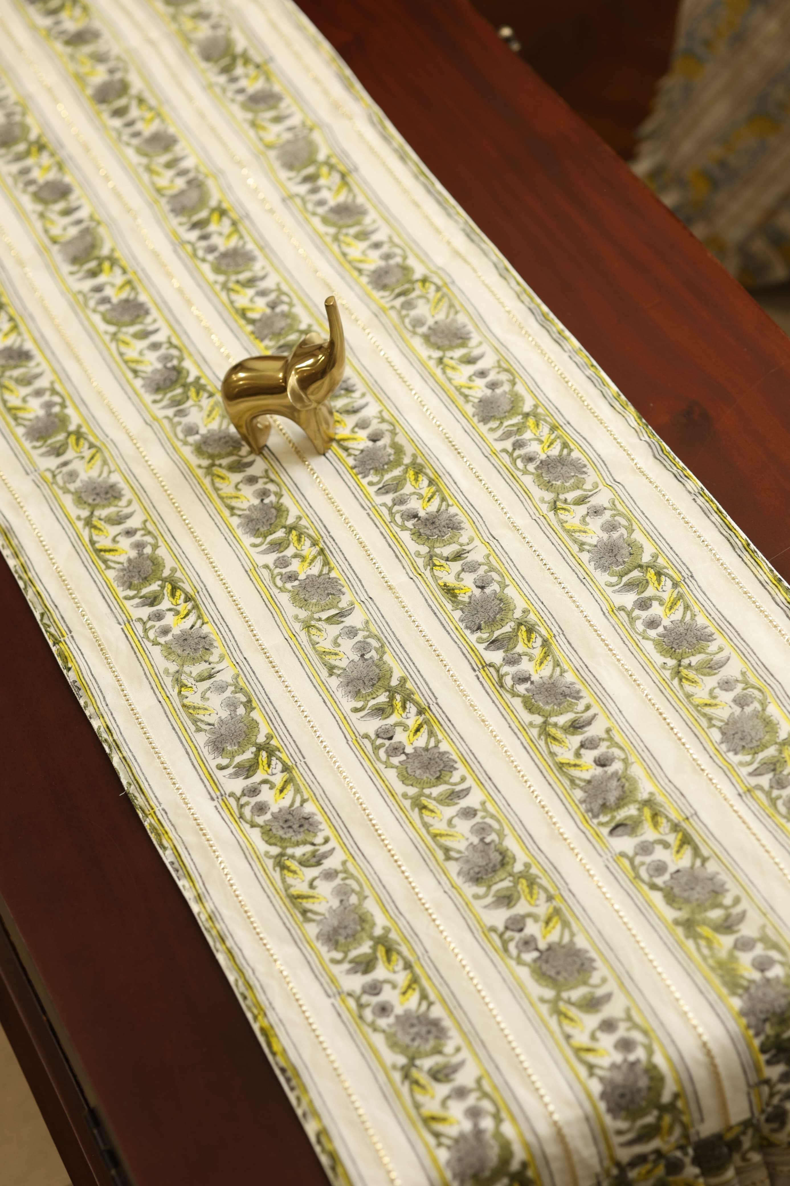 Onam Handblock Table Runner with Ruffled Edges - 4 seater