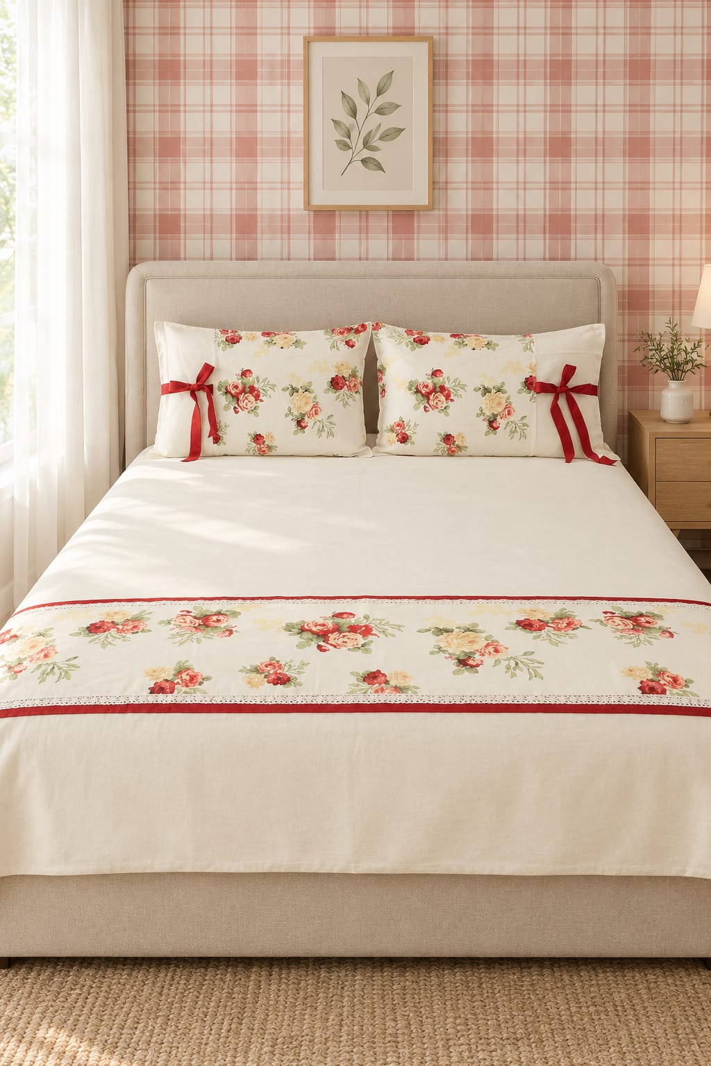 Bedsheets - Queen Premium check floral embroidery  bedsheet Xmas theme edition