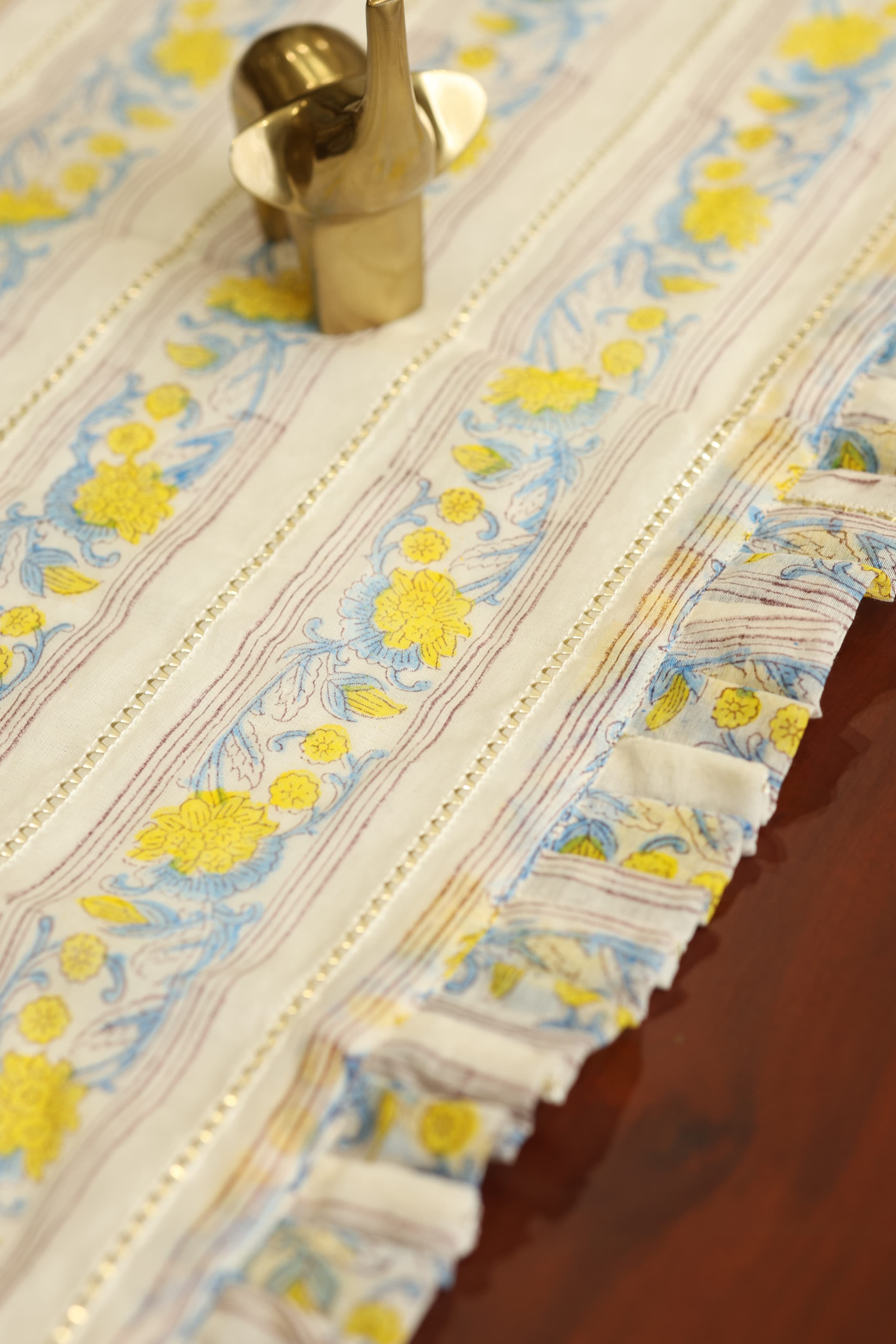 Onam Handblock Table Runner with Ruffled Edges - 4 seater
