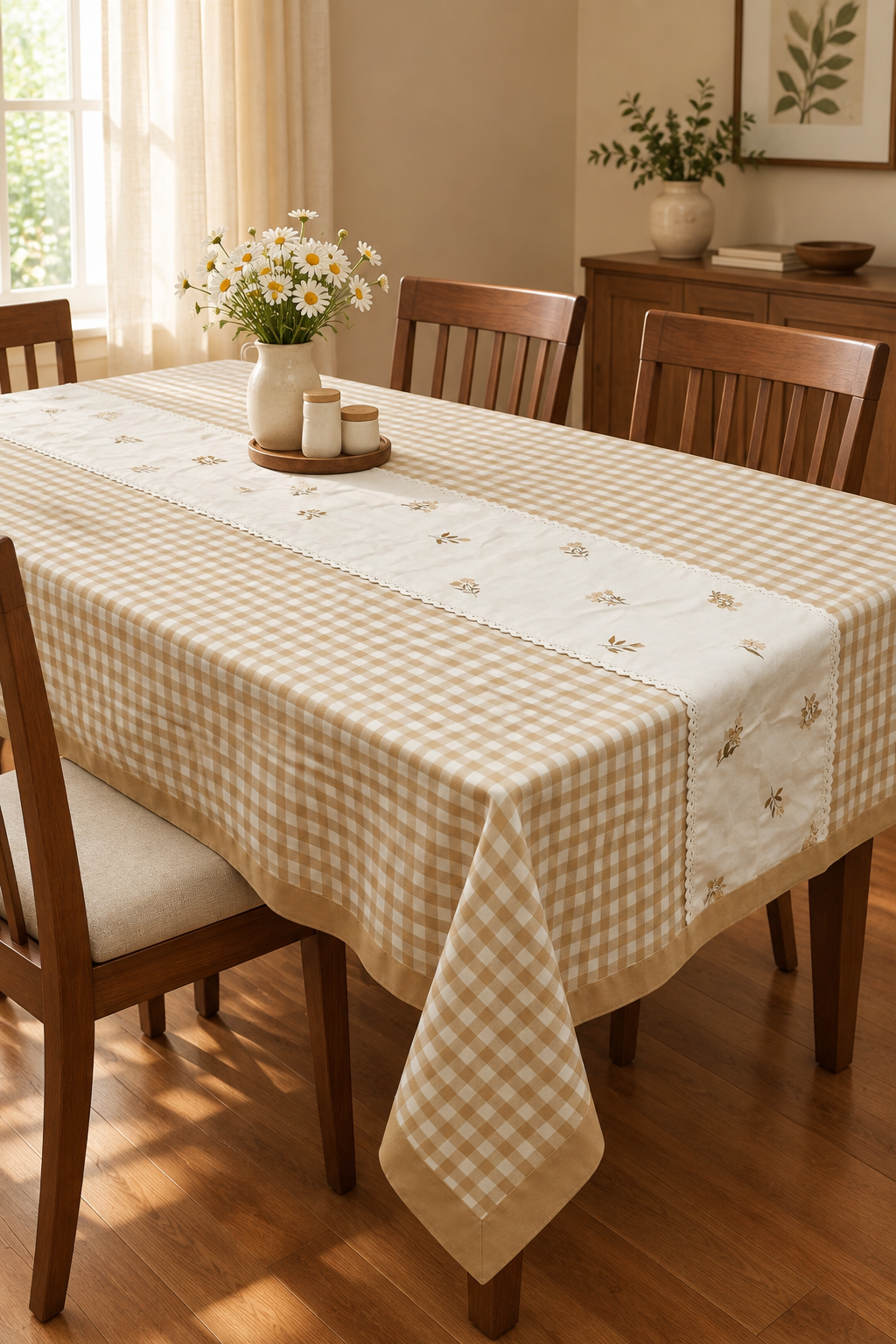 Table cloth - Check embroidery (6 Seater-brown)