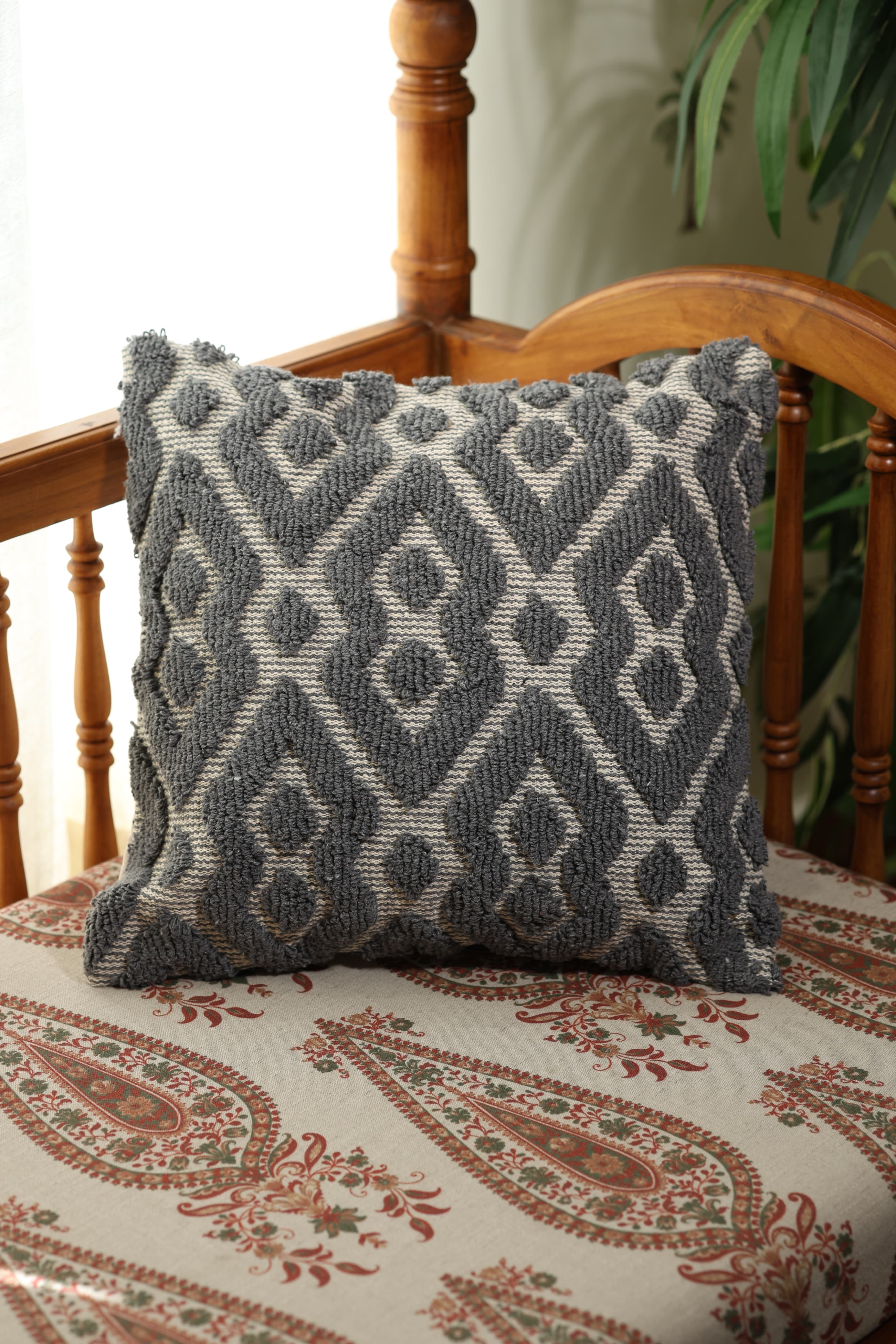Charcoal Grey Geometric Tufted Cushion Cover
