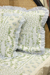 Bedsheets - Premium Queen floral printed lace bedsheet with cushion covers bud