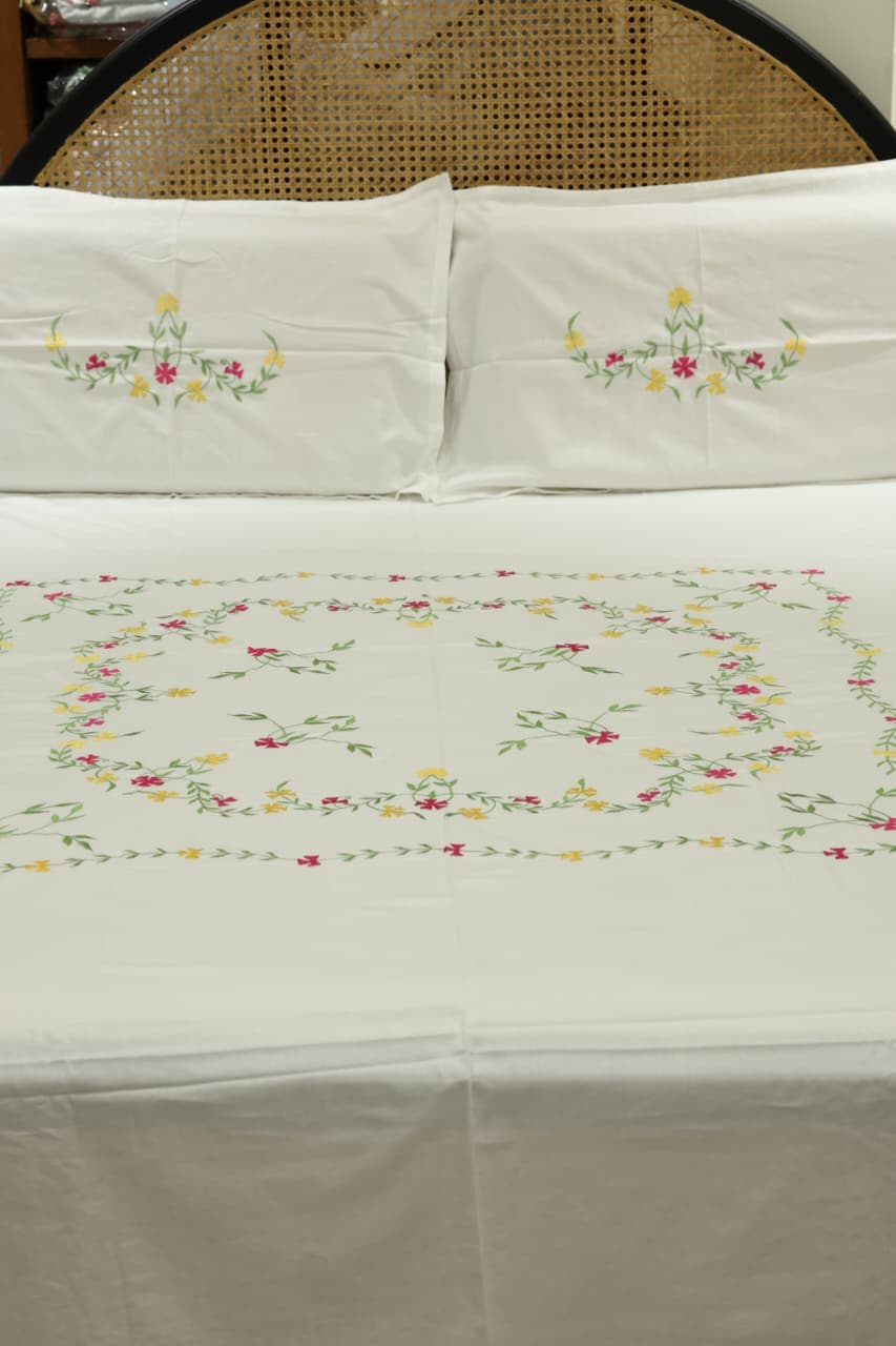 King Size Premium Machine Embroidery Bedsheet Set with 2 Pillow Covers (108x108")
