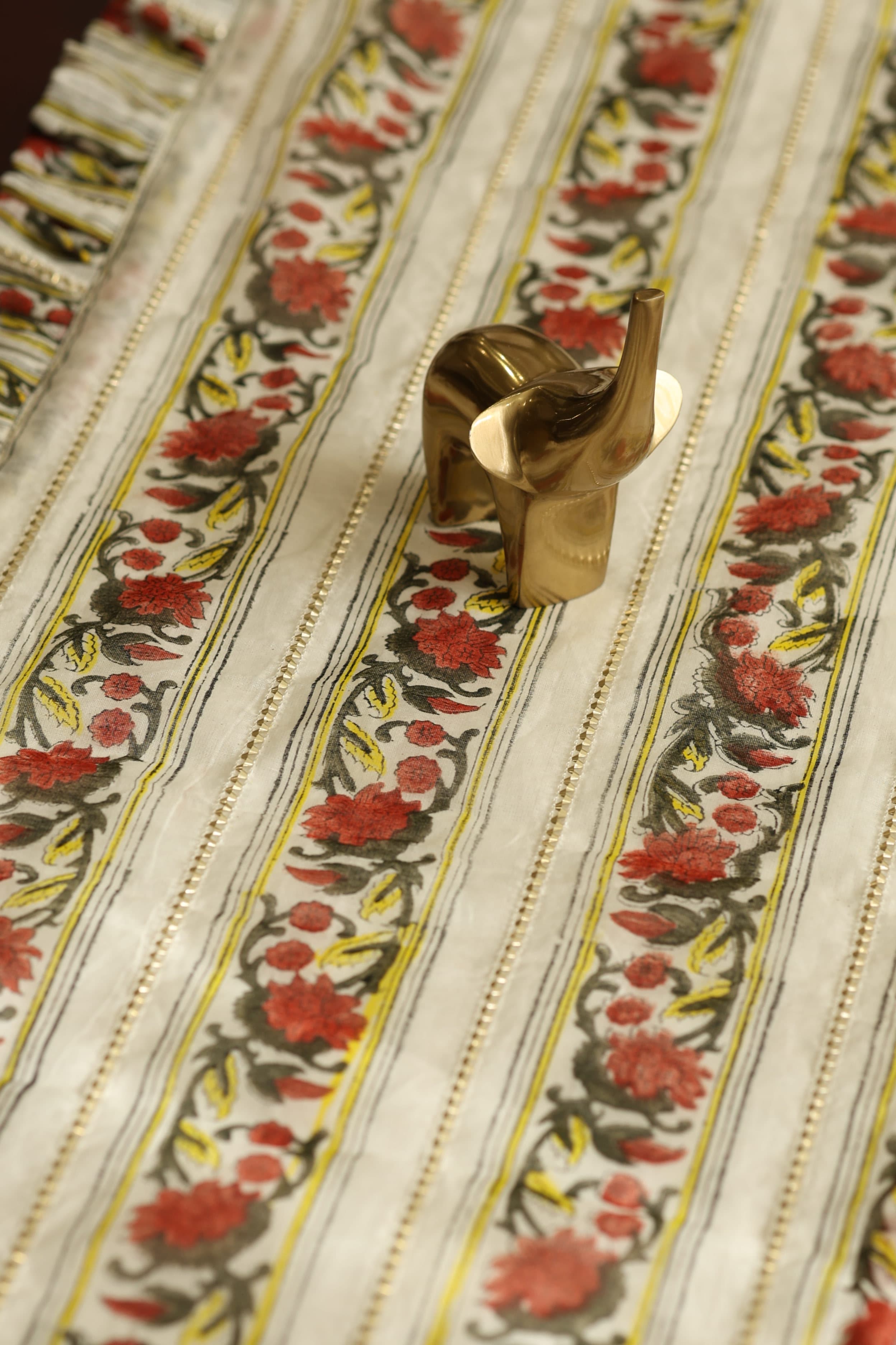 Onam Handblock Table Runner with Ruffled Edges - 4 seater