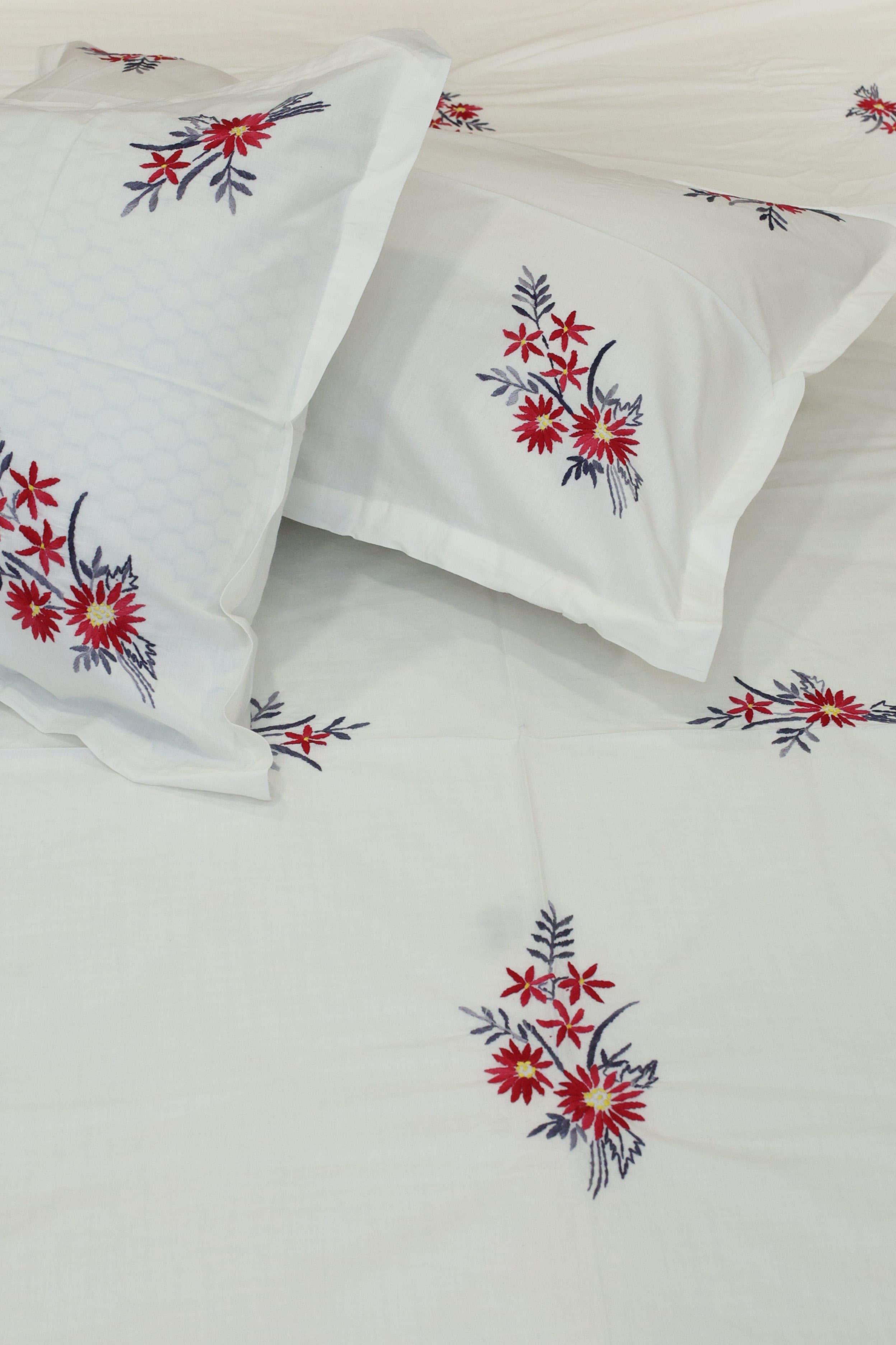 Premium Hand Embroidery Cotton King Size Bedsheet Set with 2 Pillow Covers HEK